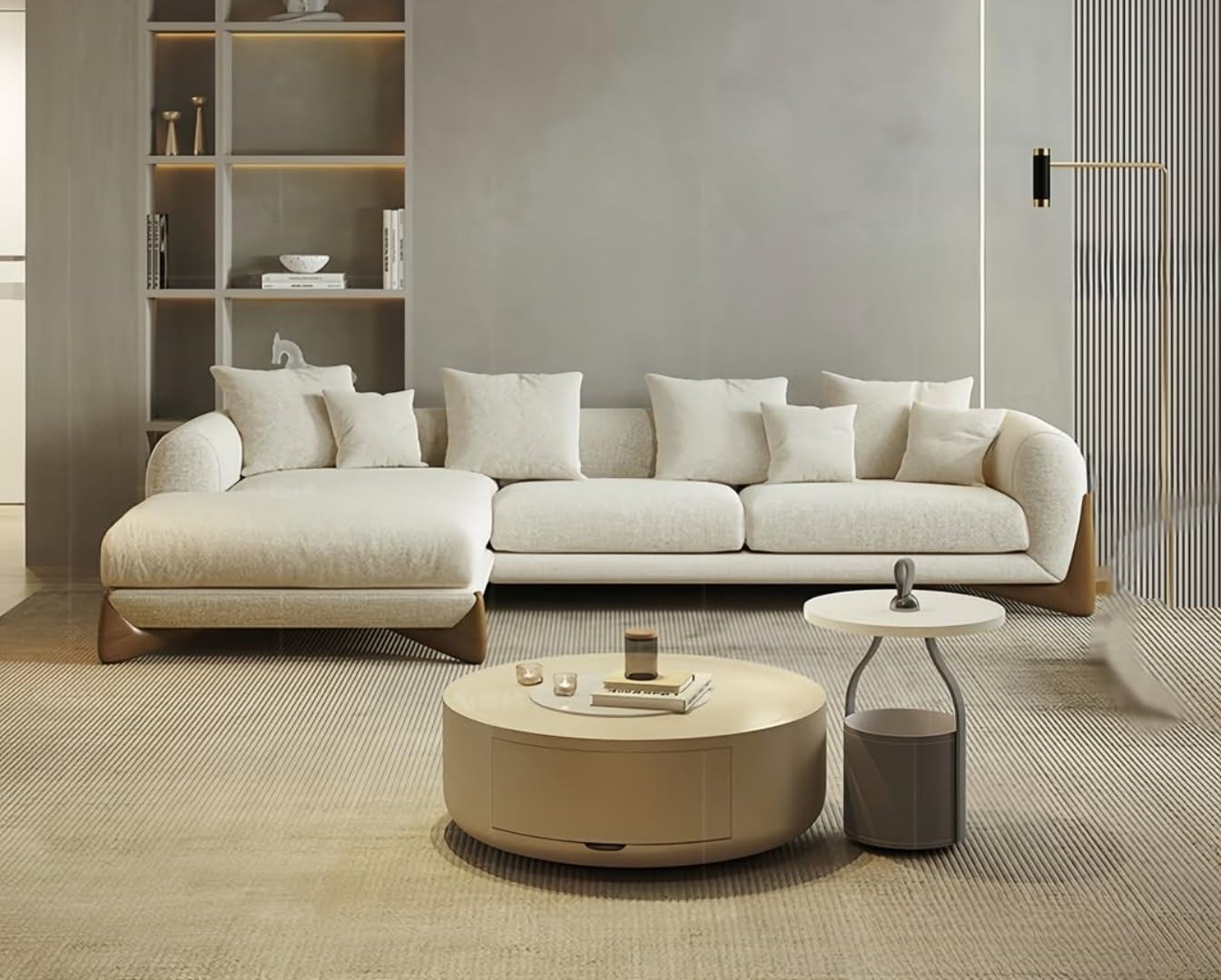 Modern Sofa Chesterfield Design with Stylish Wooden Legs Bouncy Teddy Fabric Off-White Finish Sofa for Living Room, Bedroom, Hallways (4 Seater, Sectional RHS)