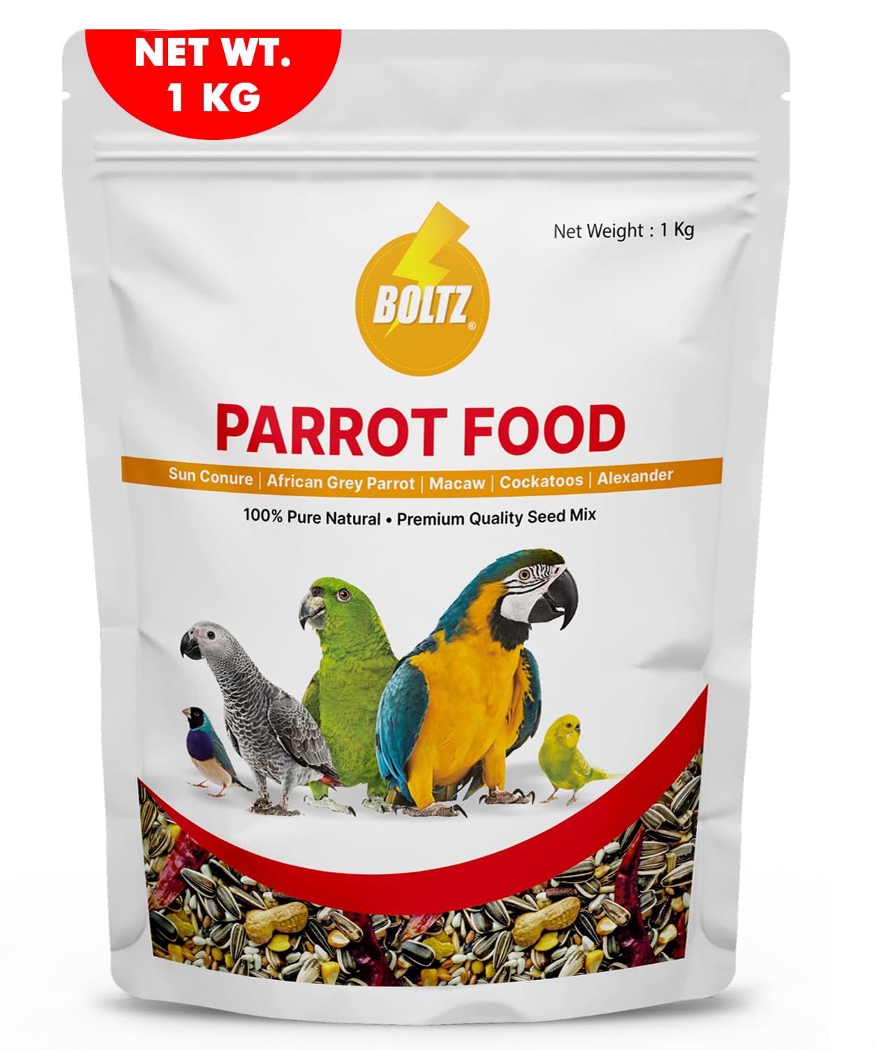 BOLTZ Food for Big Parrot, African Grey, Sun Conure, Macaw, Lovebird and Alexander – All Life Stages Mix Seeds (1 KG Pack)