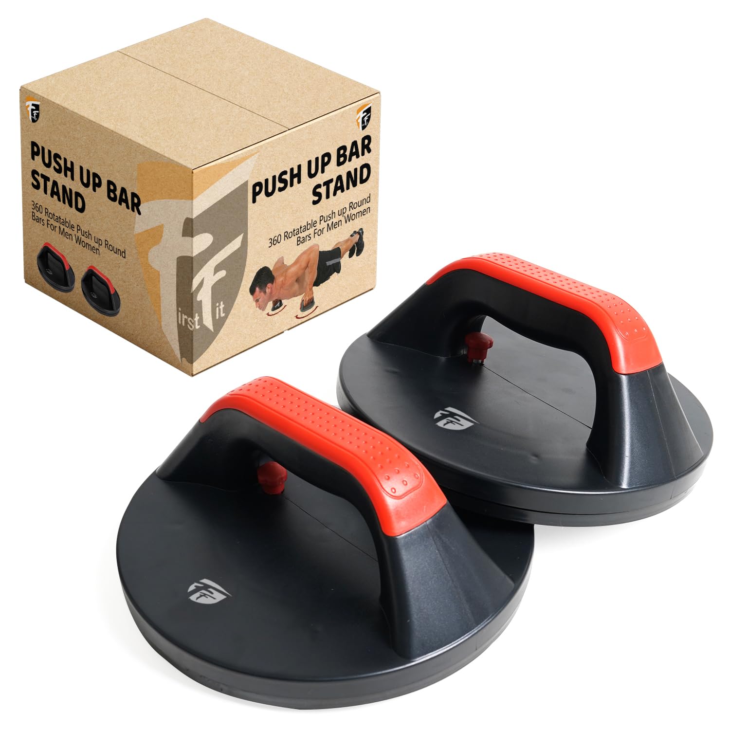 FirstFit Rotating Push Up Handles, Ergonomic Grips, 8″ Base & Textured, Non-Slip Bottom Treads Push Up Bar For Gym & Home Exercise, Push Up Stand for Men & Women, Supports up to 260lbs – Black & Red