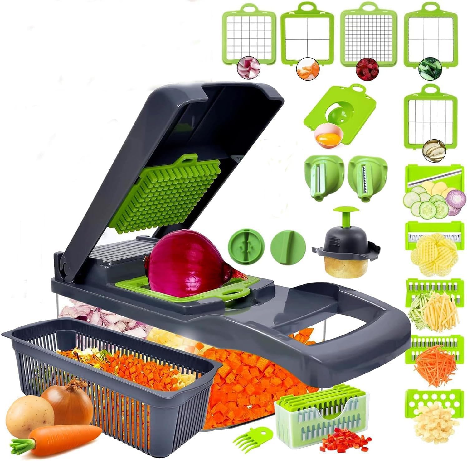 22 in 1 Vegetable Chopper,Kitchen Mandoline with 1.2L Container & Draining Basket,Vegetable Chopper Onion Chopper&Dicer|Spiralizer,Lemon Squeezer,Egg Seperator-Ultimate Kitchen Gadget (Grey)