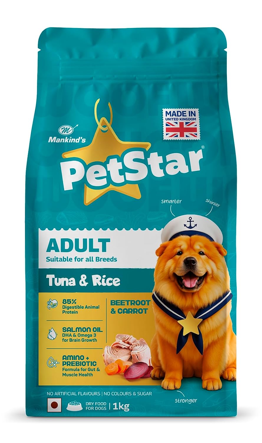 Petstar Adult Dry Dog Food 1 kg, Tuna & Rice Formula, High Protein, Easy Digestion, Immunity Support, No Artificial Flavours or Added Sugar