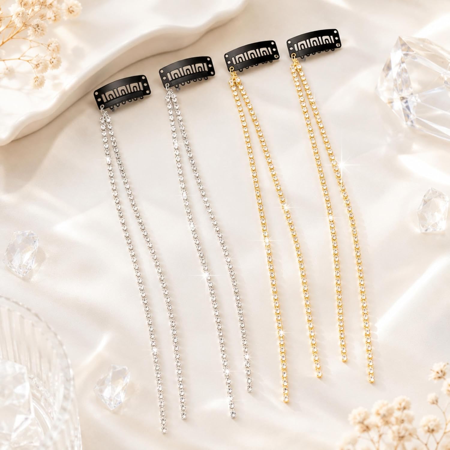 4 pcs Sparkle Hair Chain for Girls, Rhinestone Hair Clips for Braiding, Silver and Gold Hair Extensions for Decoration, 4 Counts(2 silver,2 golden)