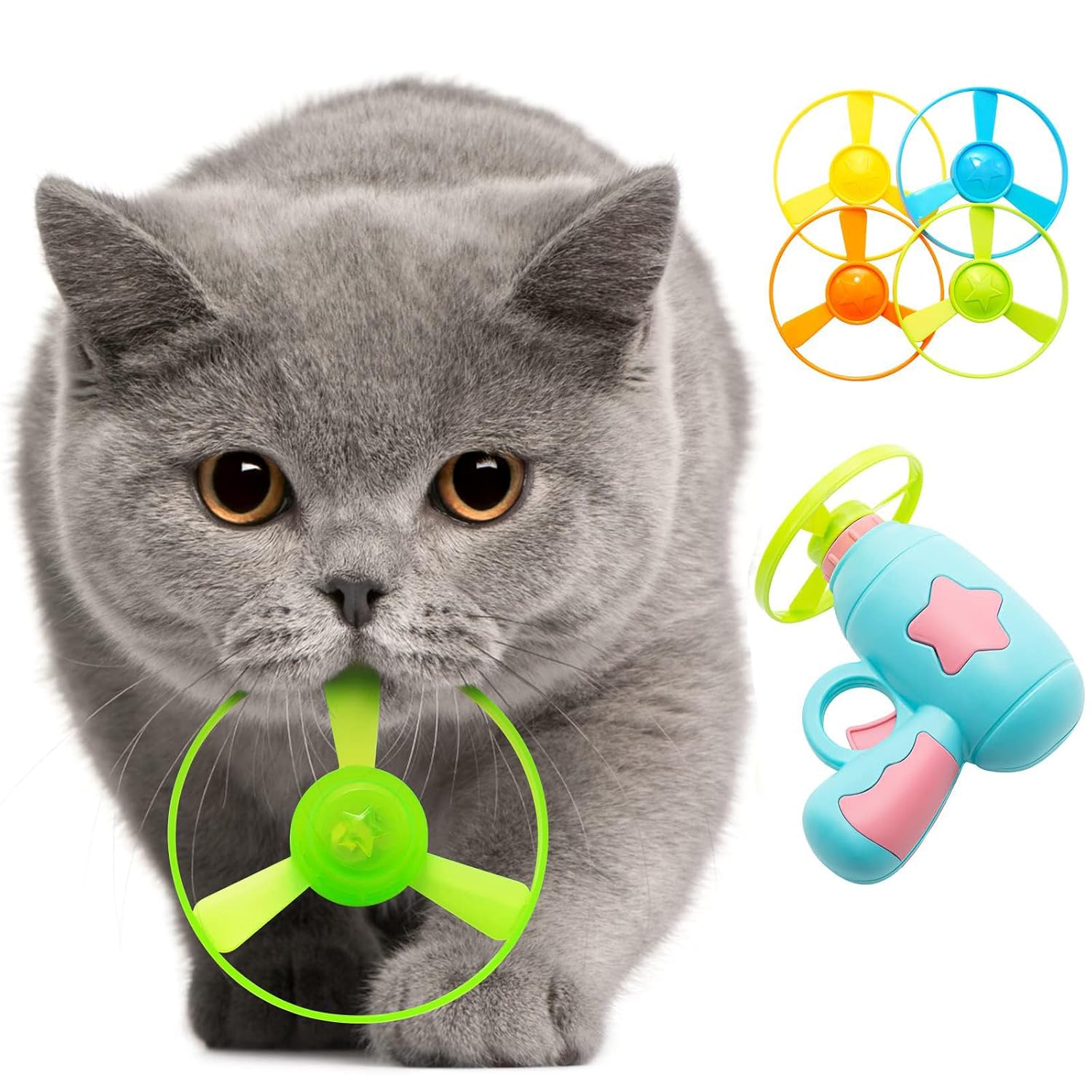 Cat Toys, 1Pcs Cat Fetch Launcher 5Pcs Flying Propellers Set Interactive Hunting Training Toy, Indoor Outdoor Chasing Fetch Toy for Kittens Cats（Blue or Pink）