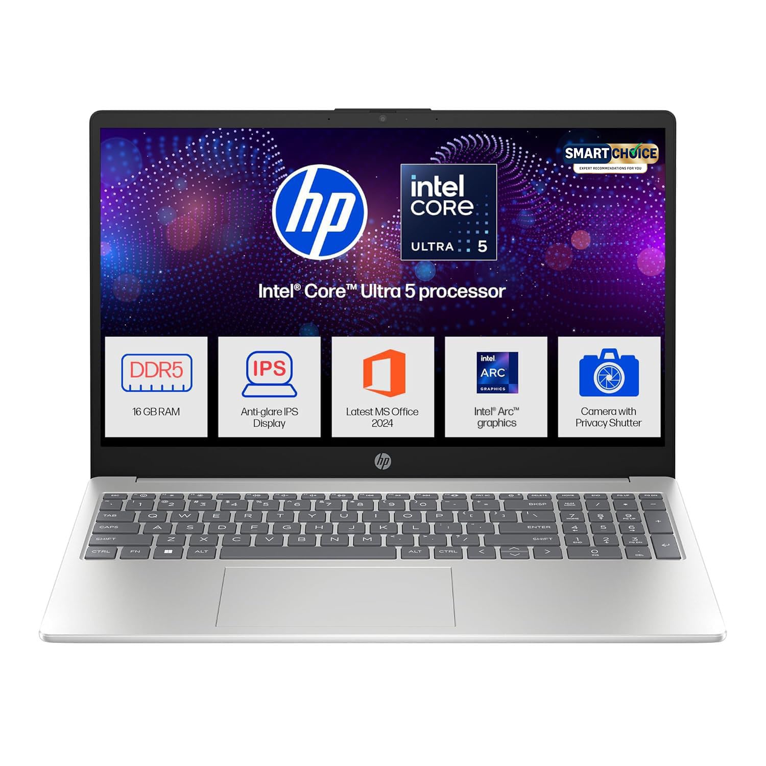 HP 15 Smartchoice, Intel Core Ultra 5 125H, 12 Tops (16GB DDR5, 512GB SSD) FHD, IPS, 15.6”/39.6cm, Win11, M365(1yr)* Office24, Silver, 1.65kg, fd1254TU, FHD Camera w/Shutter, AI Powered Laptop