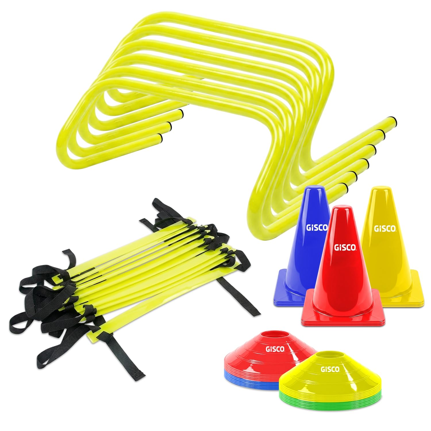 GISCO Speed and Agility Soccer Training Kit, Including 6″ Hurdles – 6Pcs + 4 M Agility Ladder – 1 Piece + 6″ Marker Cone – 6 Pcs + Space Marker -20 Pcs