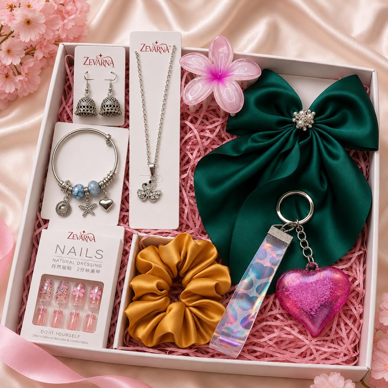 8-Piece Women’s Fashion Jewelry hamper & Hair Accessories Gift Set | Pendant Chain, Charm Bracelet, Oxidised Jhumki Earrings | Satin Hair Bow, Scrunchie & Big Flower Claw Clip | Random Colors & Designs, Raksha Bandhan – Rakhi Gift (ZEV_GIFT_HAMPER)