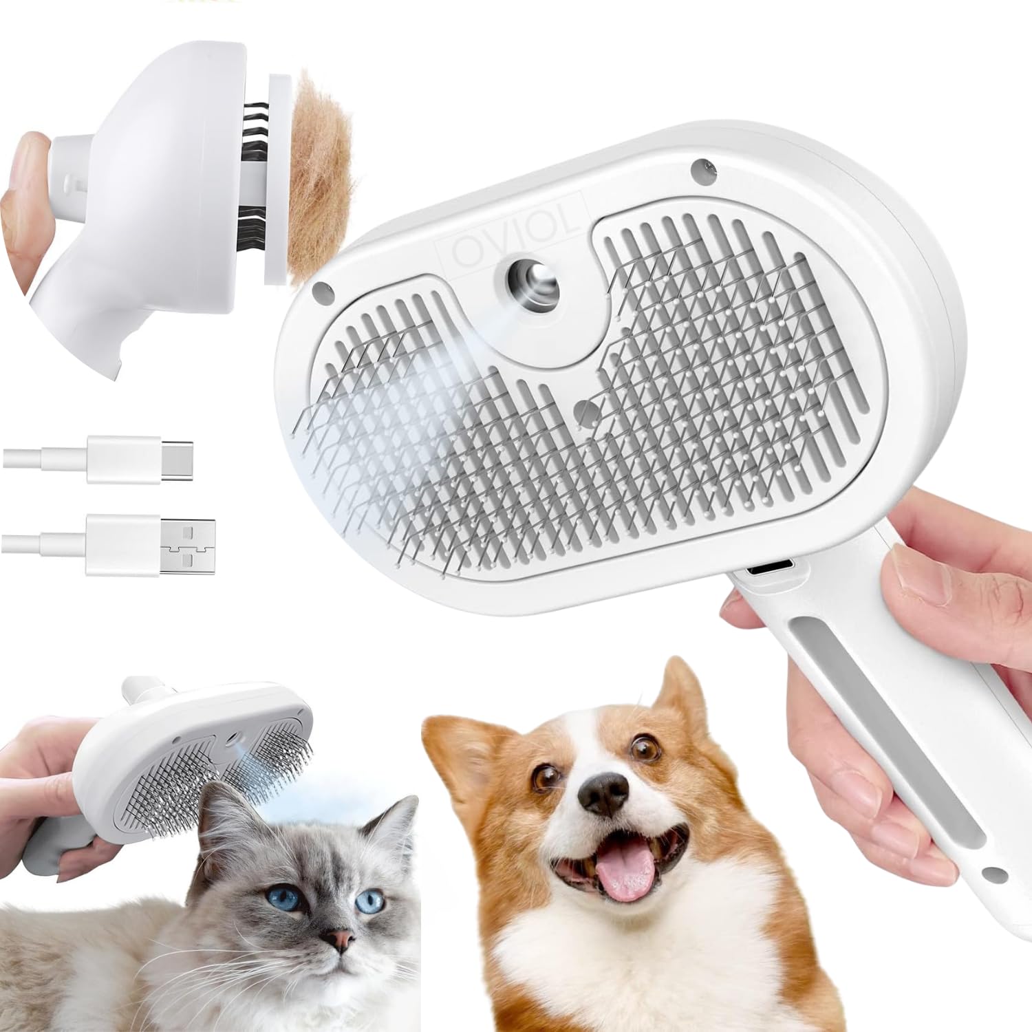 OVIOL Pet Steam Brush for Dog & Cat Self Cleaning Updated 3-in-1 Spray Hair Removal Comb,Steam for Shedding & Grooming,Water Brush for Long & Short Haired Pets, Dog Mist Spray Comb (Big Multicolor)