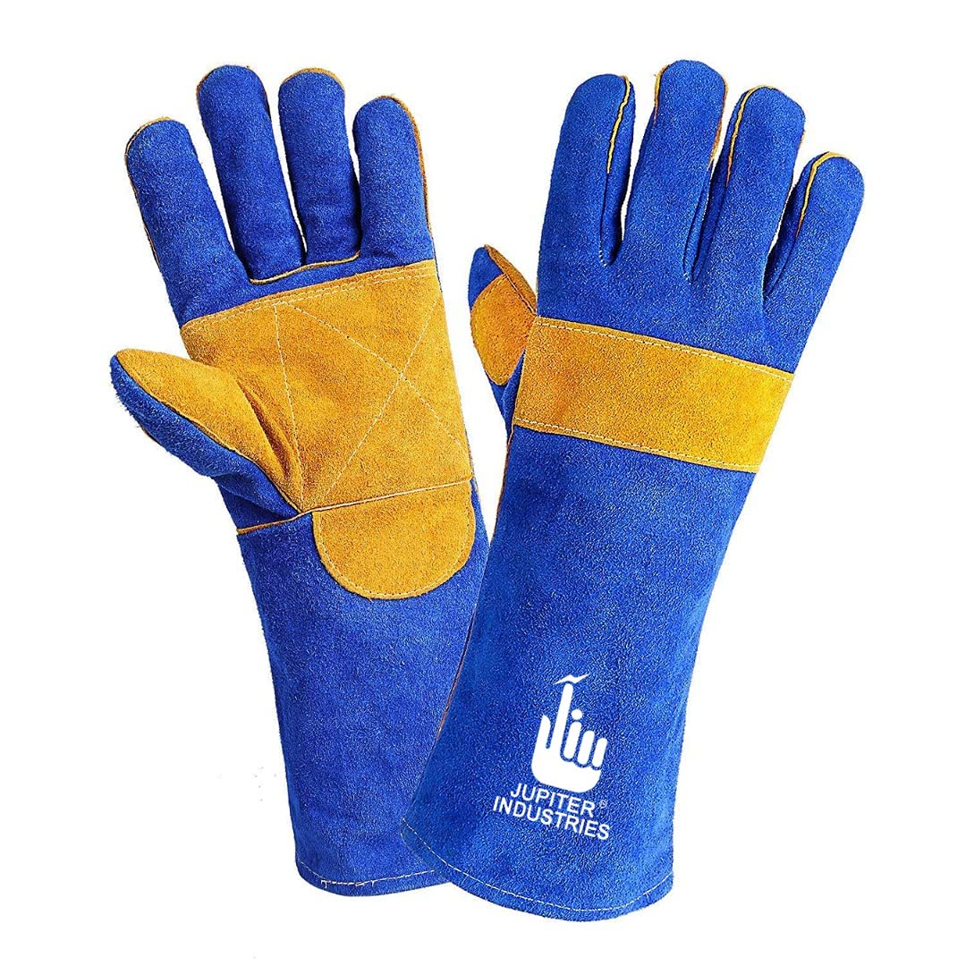 Animal Handling Leather Gauntlet Gloves, Bite Proof Protection from Dog, Cat, Bird, Snake, Kevlar Stitch Gloves for Vets, Groomers, Pet Owners (Blue-Yellow, 16 inch, Pack of 1 Pair)