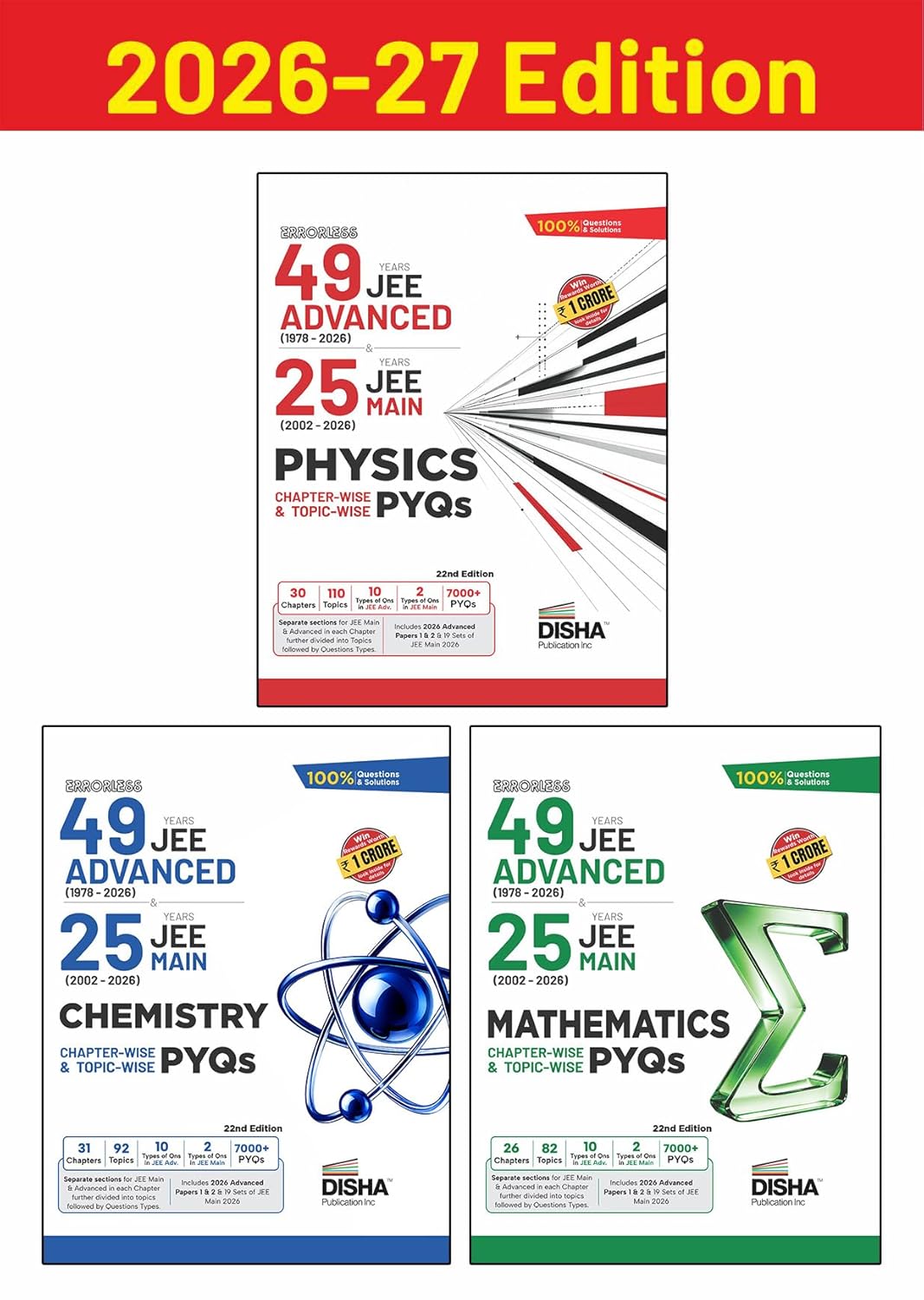Disha Combo (3 Books) Errorless 49 Years JEE Advanced (1978 – 2026) & 25 Year JEE Main (2002 – 2026) PHYSICS, CHEMISTRY & MATHEMATICS Chapter-wise & Topic-wise PYQs 22nd Edn | For JEE Main & Adv 2027