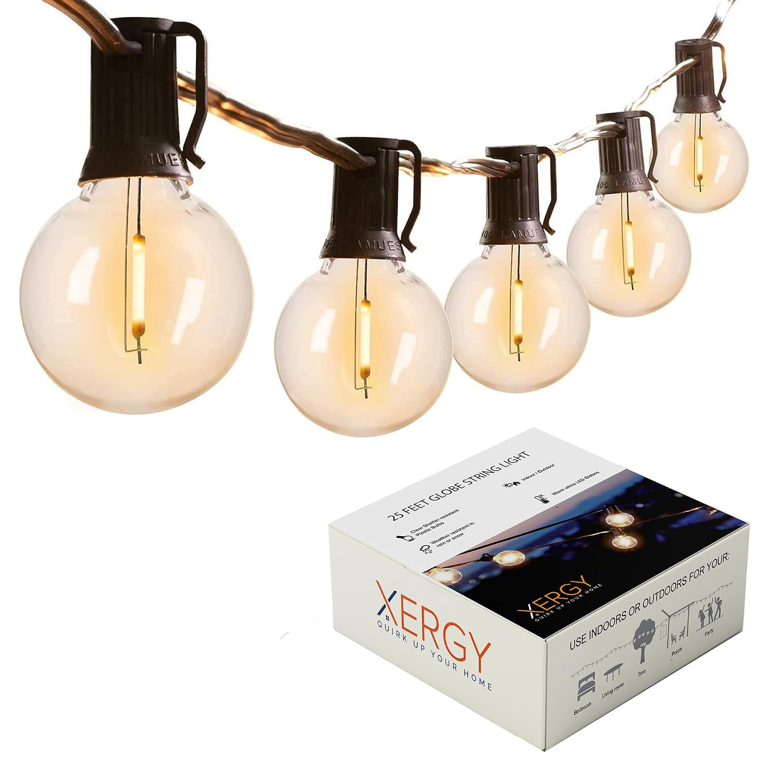 XERGY Outdoor String Lights 25 Feet G40 Globe Lights with 25 Edison Break Proof Bulbs +1 Extra Bulb, Light for Backyard Terrace Garden Balcony Party Decor Diwali for Home Decoration – BIS Approved