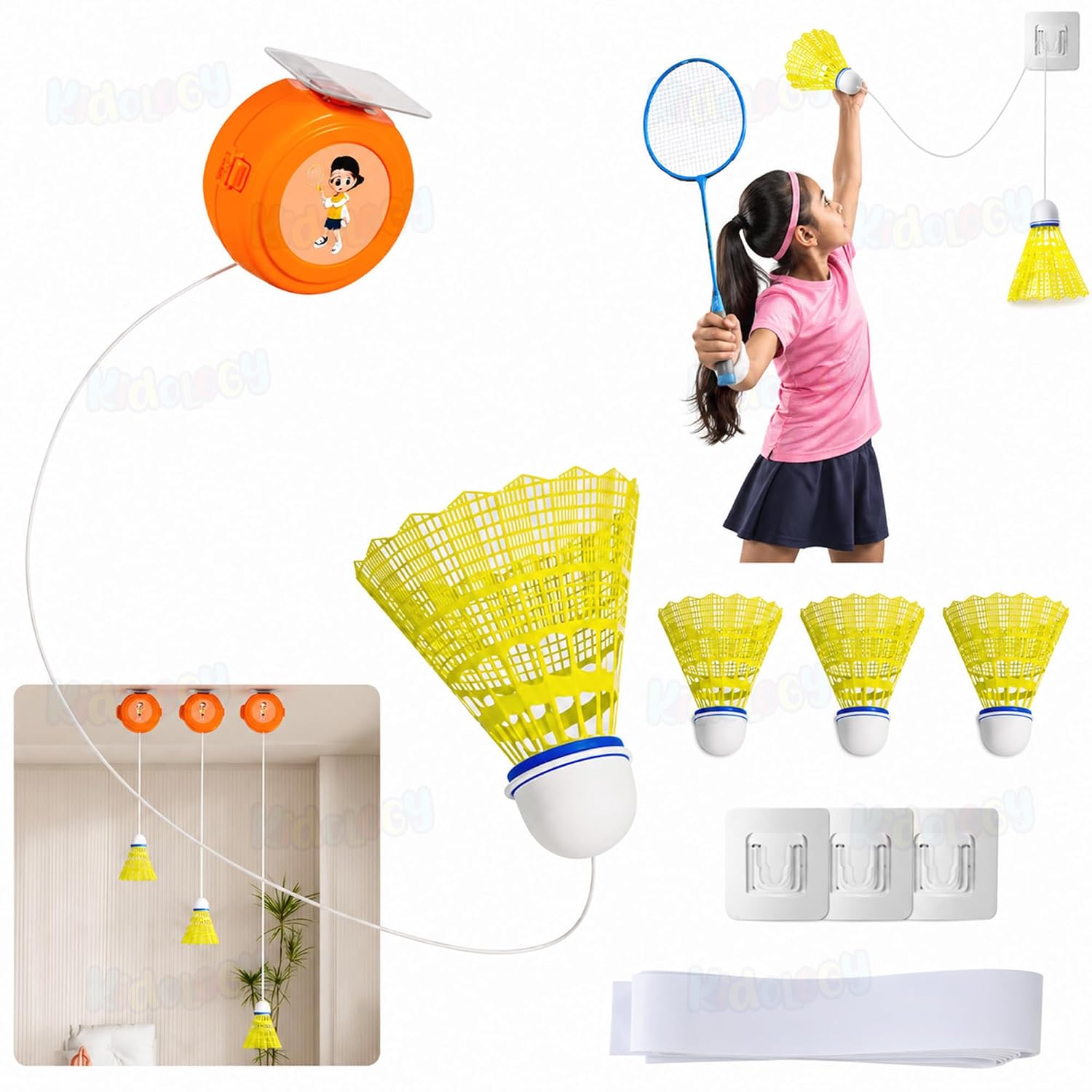 Kidology Hanging Badminton Self-Training Kit (3 Shuttles & 1 Trainer) – Rebounder for Self-Practice, Skill Improvement & Exercise, Ideal for Beginners, Solo Trainer for Boys & Girls (No Racket)