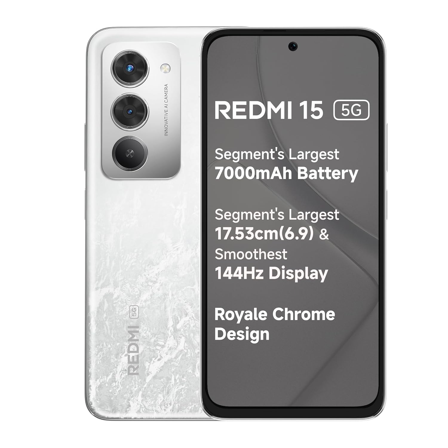 REDMI 15 5G Frosted White 8GB + 256GB | Segment’s Largest 7000mAhA Battery | Segment’s Largest Display 17.53cm(6.9) Up to 144Hz | Snapdragon 6s Gen 3 | 18W Reverse Charging | 50MP AI Dual Camera