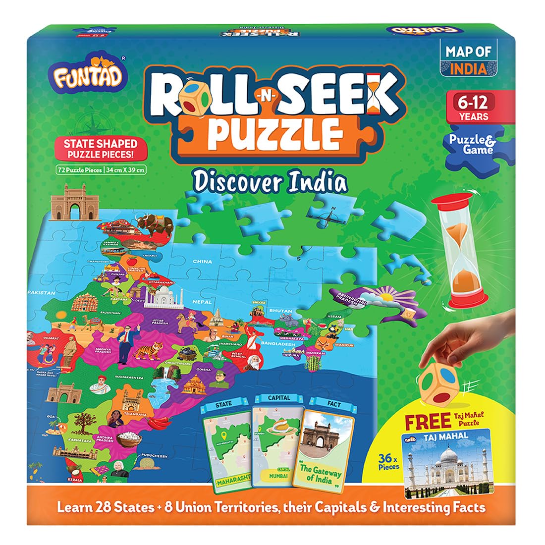 Roll N Seek India Map – Educational Board Game & Puzzle | Learn Indian Sate, Capital and Interesting Facts| State Shaped Puzzle (72 pcs)| Return & Birthday Gift for Boys & Girls Age 6-12 yrs