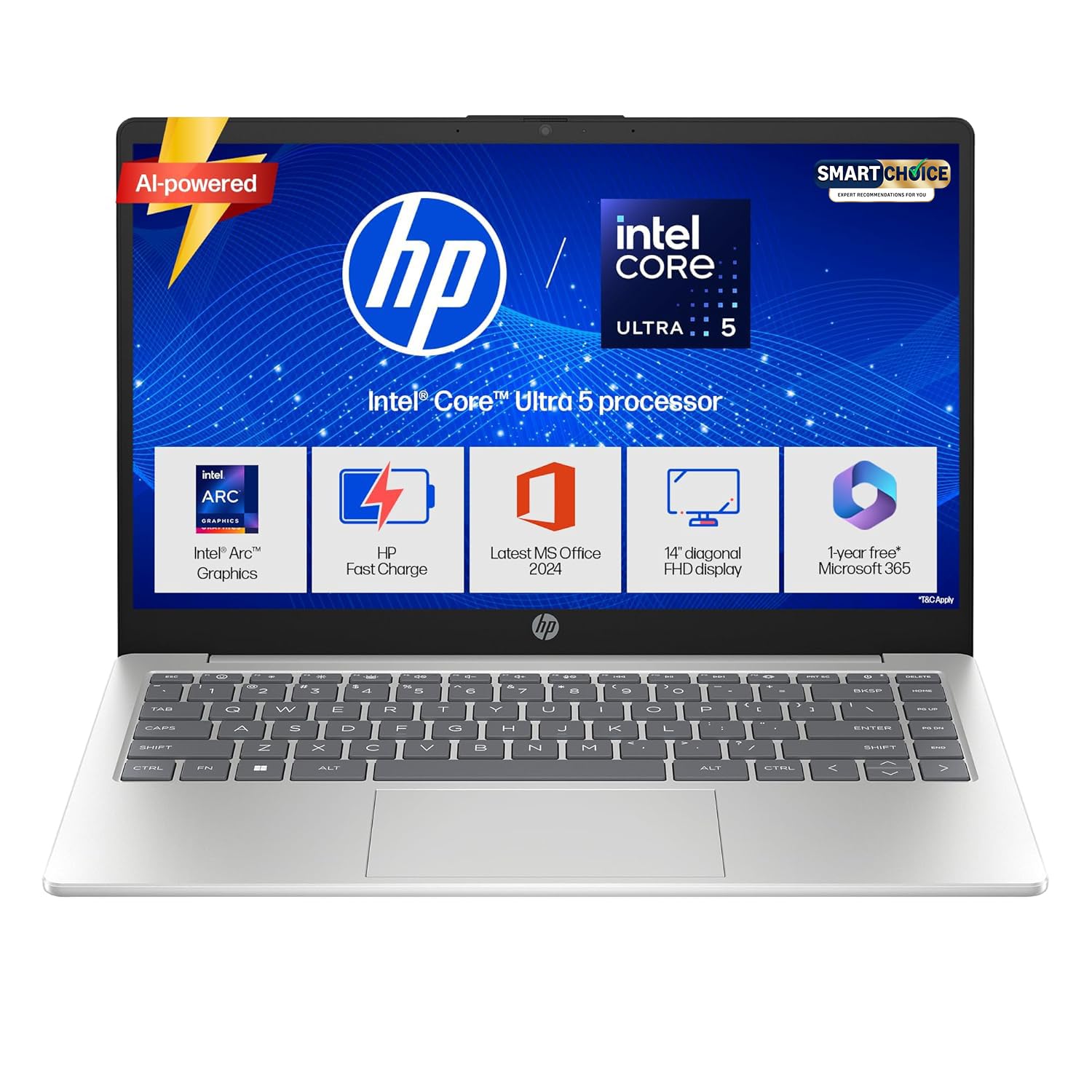 HP 14 Smartchoice, Intel Core Ultra 5 125H 12 TOPS, 24GB DDR5 (Upgradeable) 1TB SSD, Anti-Glare, FHD, 14”/35.6cm,Win11, M365*Office24, Silver, 1.4kg, ep1180tu, FHD Camera w/Shutter, Backlit AI Laptop