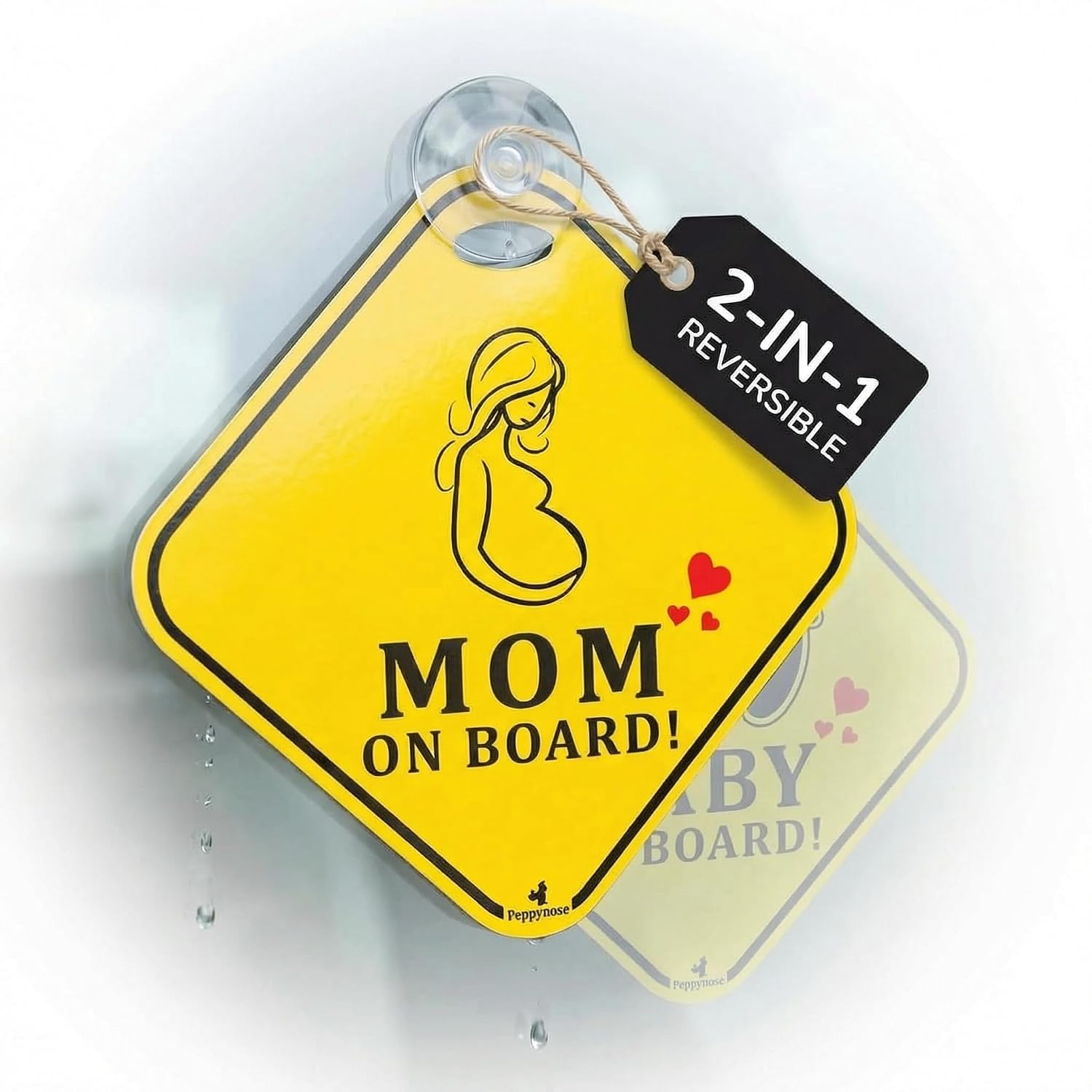 2-in-1 Reversible Mom on Board & Baby on Board Car Sign Board – Mom to Be Pregnancy & Newborn Safety Sign with Suction Cup | 300 GSM Laminated Board | 14.5 cm | Yellow