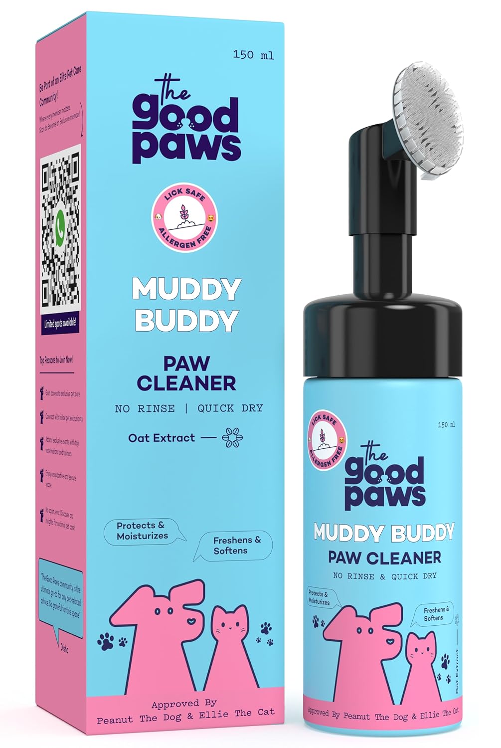 Muddy Buddy Paw Cleaner for Dogs & Cats, No Rinse Foaming Cleanser, Quick Dry, Lick Safe, Allergen Free, Protects & Moisturizes, Freshens & Softens, Oat Extract, 150 ml
