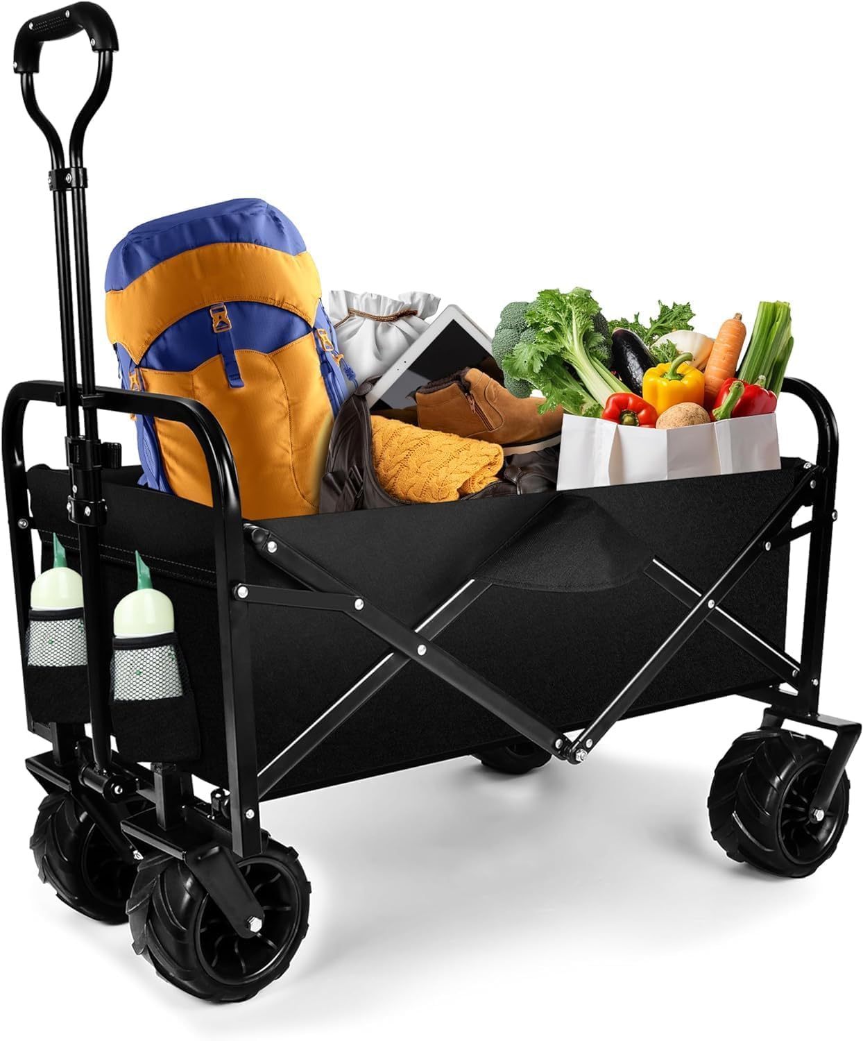 3-in-1 Folding Wagon Cart Converts to Bench, Heavy Duty Collapsible Wagon with All-Terrain Wheels, 350lbs Capacity 200L Large Portable Utility Wagon for Beach, Camping (Medium)