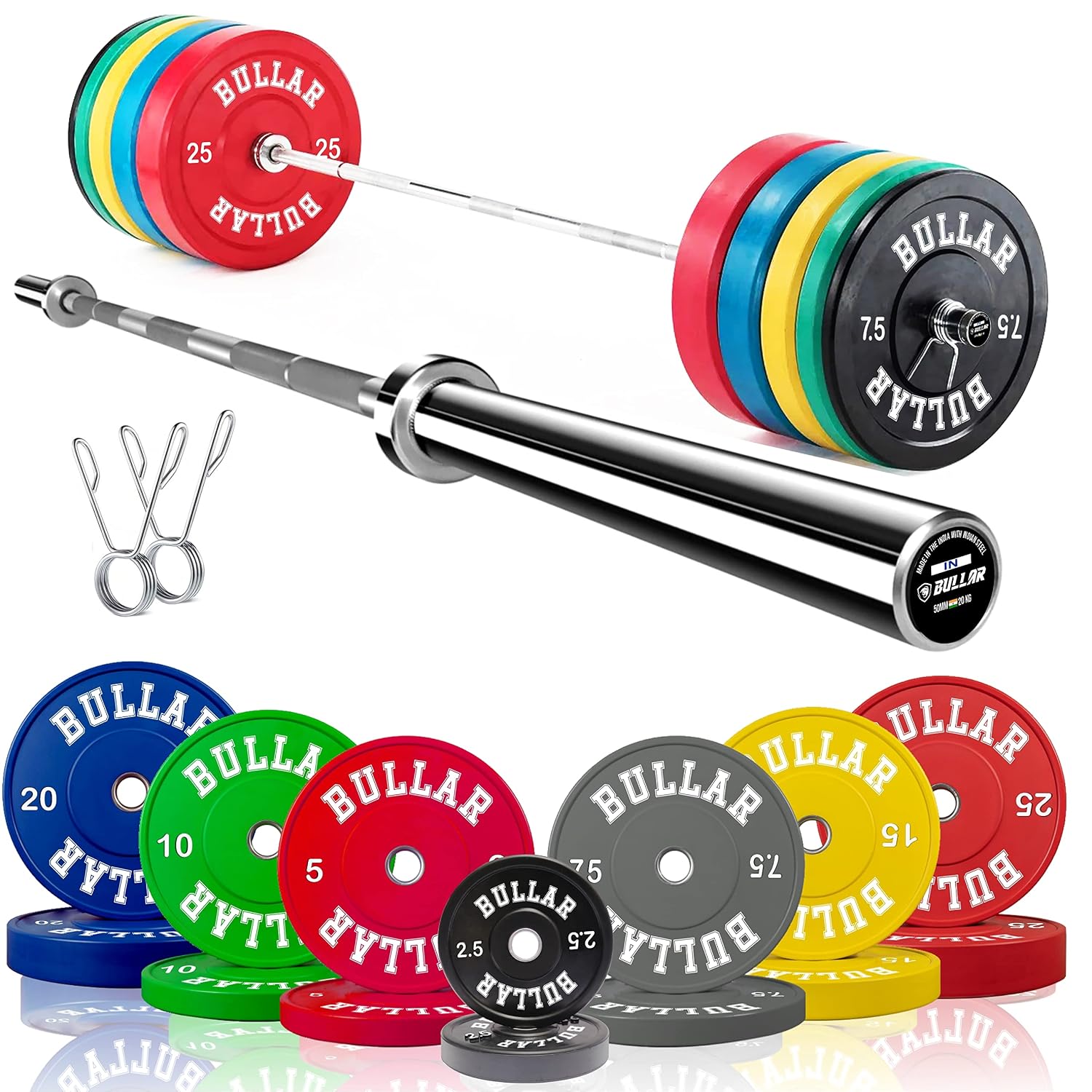 BULLAR Olympic Barbell & Bumper Plates Home Gym Set, 7 Ft Olympic Rod with Colour Coated Rubber 50mm Weight Plates for Weight Lifting (50 KG SET(10x2+5x2+7.5x2+2.5x2))