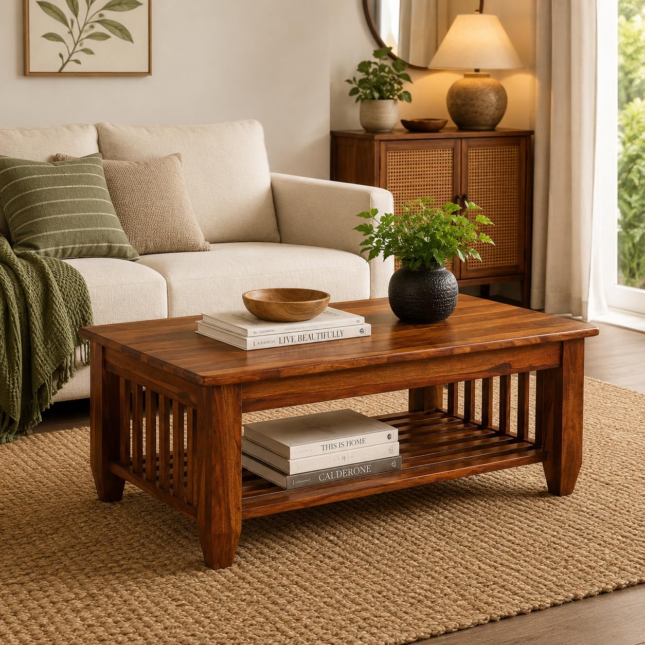 Wooden Coffee Center Table with Storage | Solid Sheesham Wood Rectanguler Traditional Coffee Table for Living Room & Office Furniture (86X45X40) Honey Finish