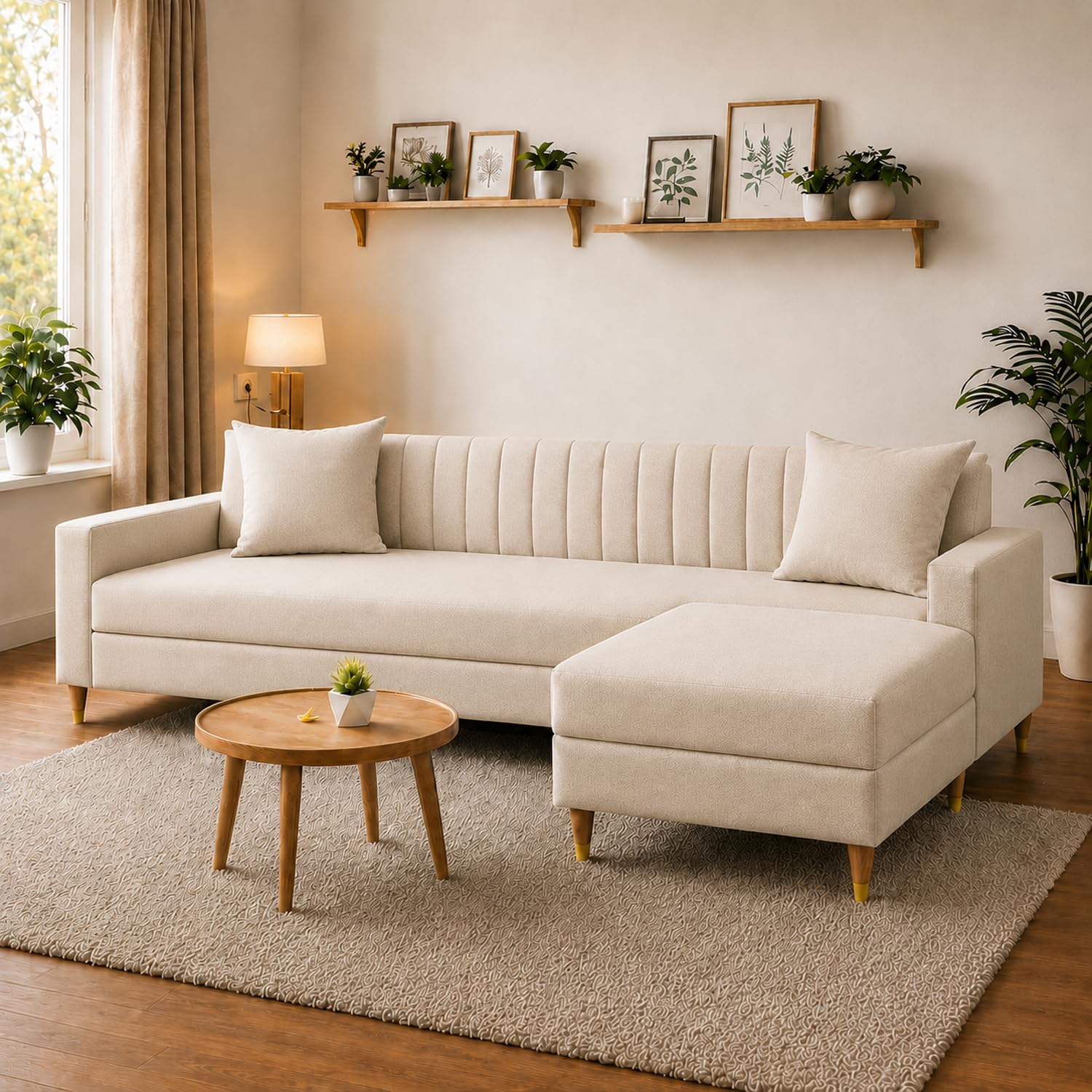 Casaliving Garcia 4 Seater L Shape Convertible Sofa Set for Living Room, 3 Seater & Ottoman Modular Sectional Couch for Small Space (Cream Colour Premium Fabric)