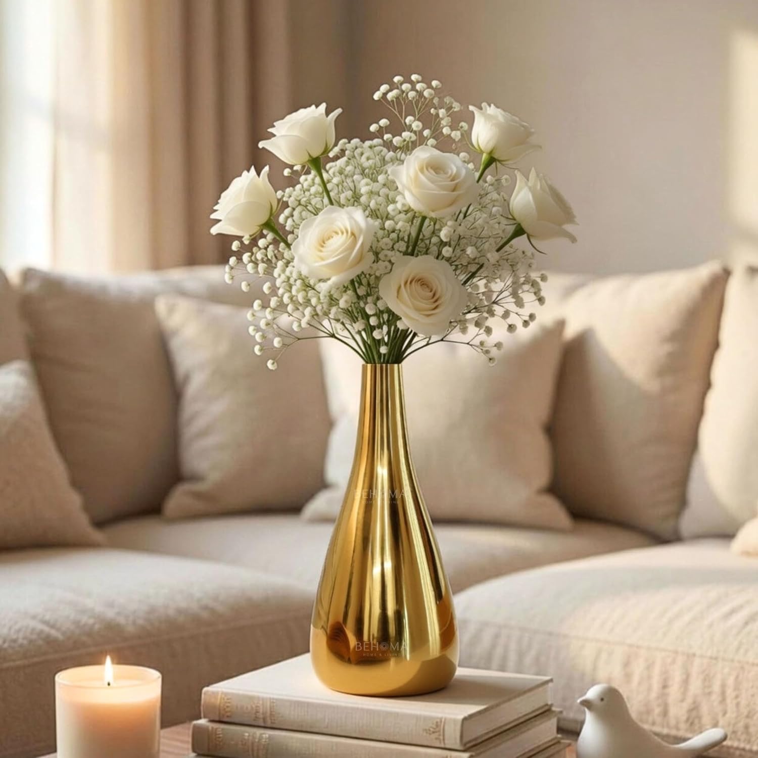 BEHOMA Golden Metal Flower Vase for Home, 19 cm (Flower Not Included
