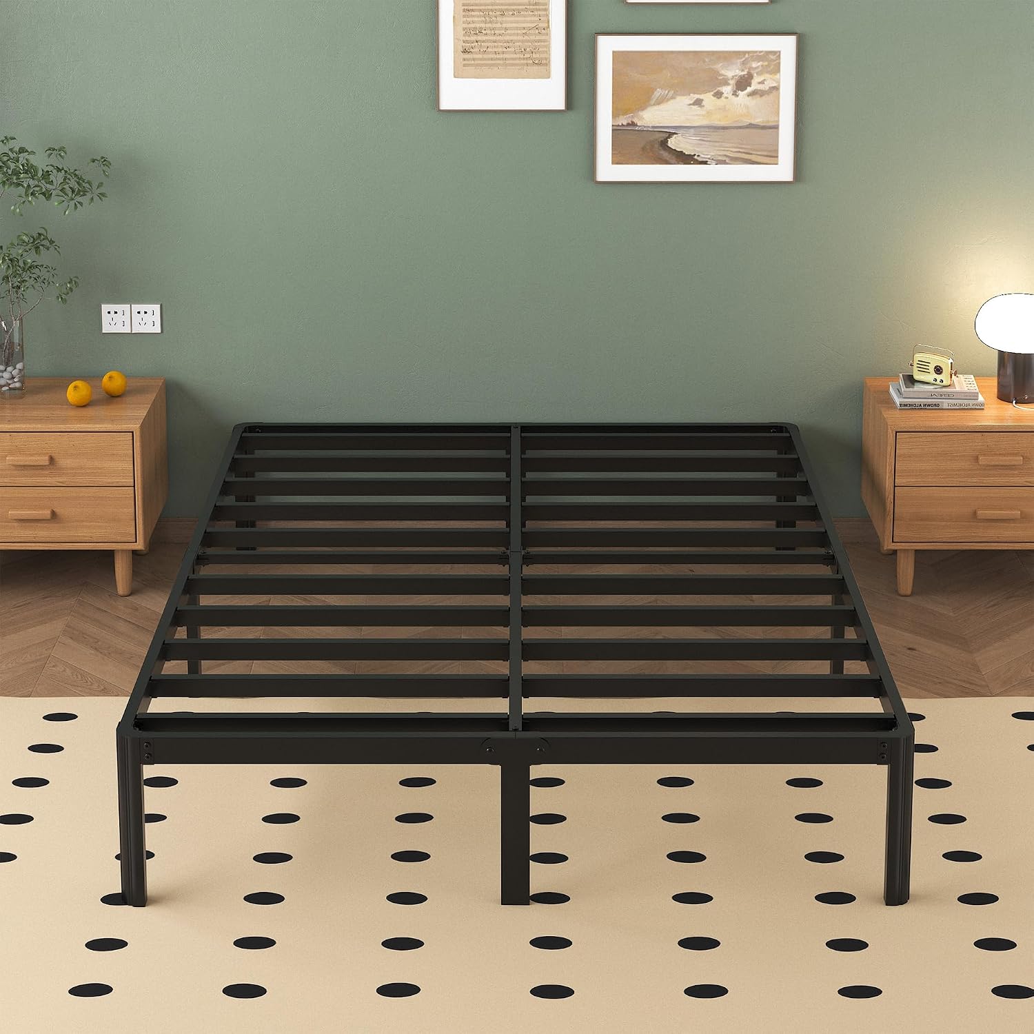 Lutown-Teen 14 Inch High 78×60 Queen Size Metal Platform Bed Frame with Under Bed Storage Space-(Powder Coated_Black)