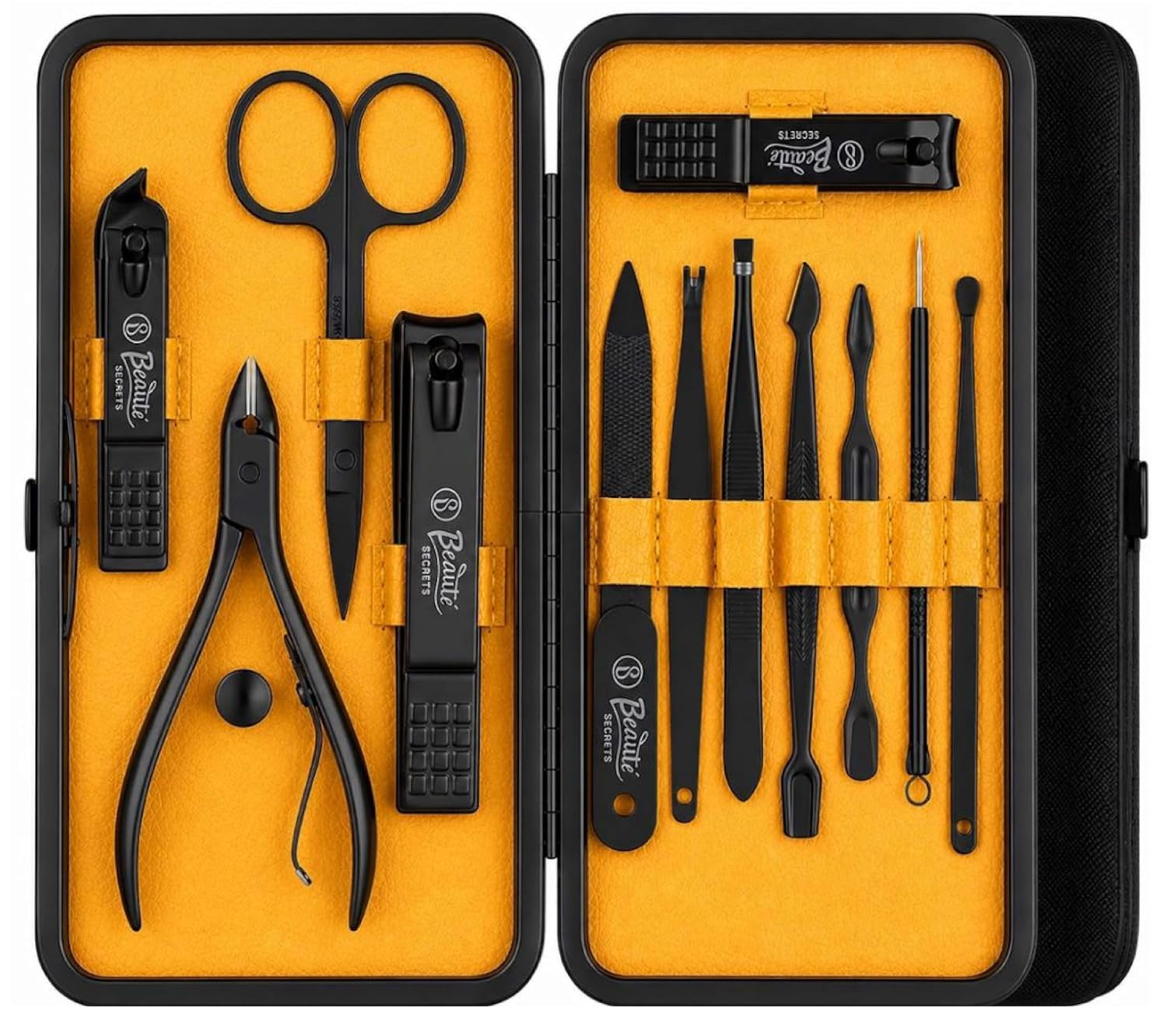 Beauté Secrets Essentials Manicure Set Nail Clippers, Stainless Steel Nail Scissors Grooming Kit, Acne needle, Blackhead Tool Leather Travel Case (Yellow)