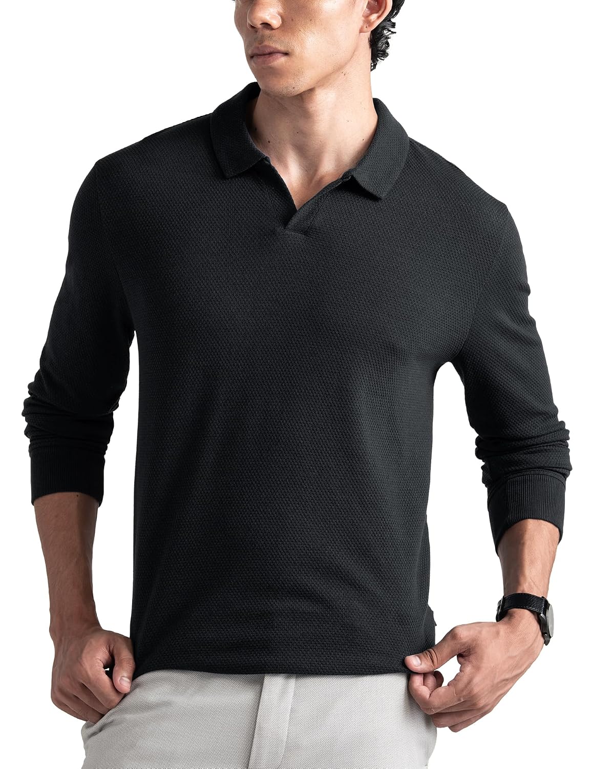 DAMENSCH Statement Popcorn Johnny Collar Full Sleeve Polo with Premium Cotton Blend, Popcorn Texture, Colours by High-IQ Dyes Heavy Weight Fabric T-Shirt for Men