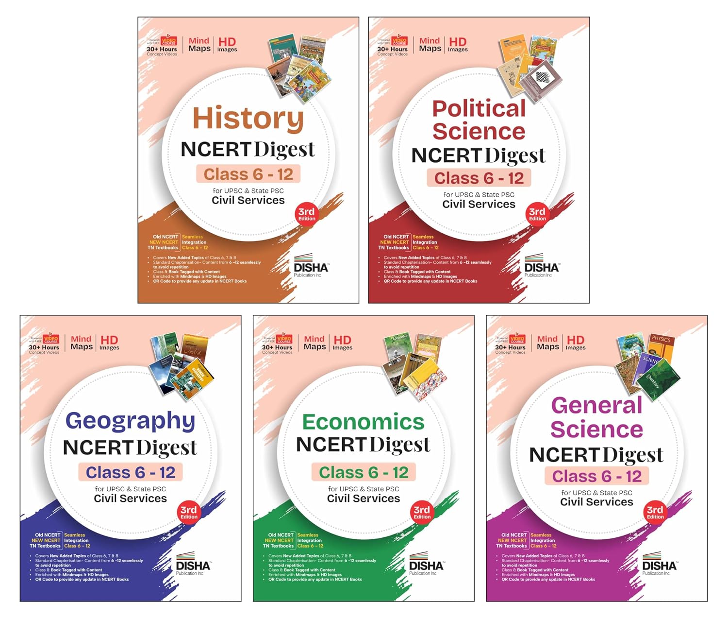 Disha Combo (5 Books) History, Political Science, Economics, Gen Science & Geography NCERT Digest (Class 6 – 12) for UPSC & State PSC Civil Services 3rd Edn | Old + New NCERT + TN | Prelims & Mains