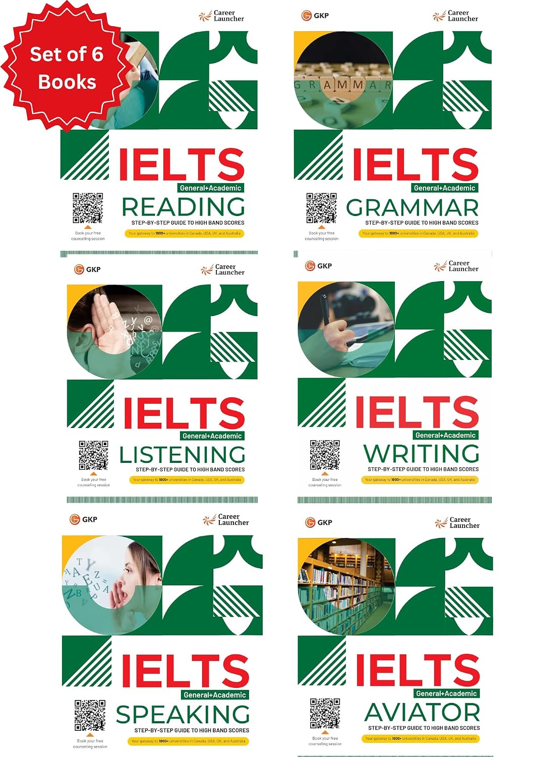 GKP IELTS 2025 Set of 6 Books for Academic+ General Test by Career Launcher (Reading, Listening, Writing, Speaking, Grammar and Aviator) Latest Edition| English Books