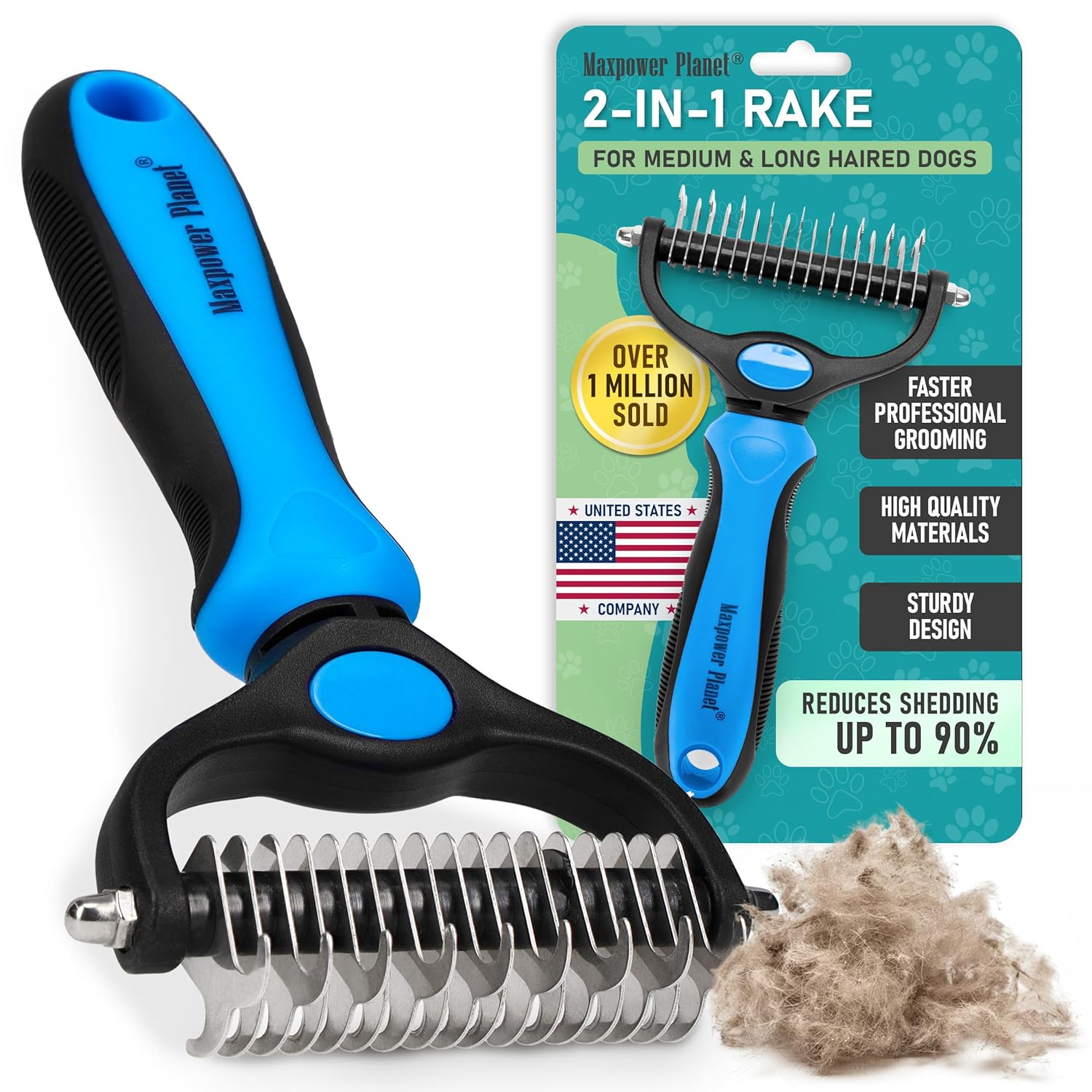 Maxpower Planet Pet Grooming Brush – Double Sided Shedding and Dematting Undercoat Rake Comb for Dogs and Cats with Long Hair and Short Hair,Extra Wide,Blue