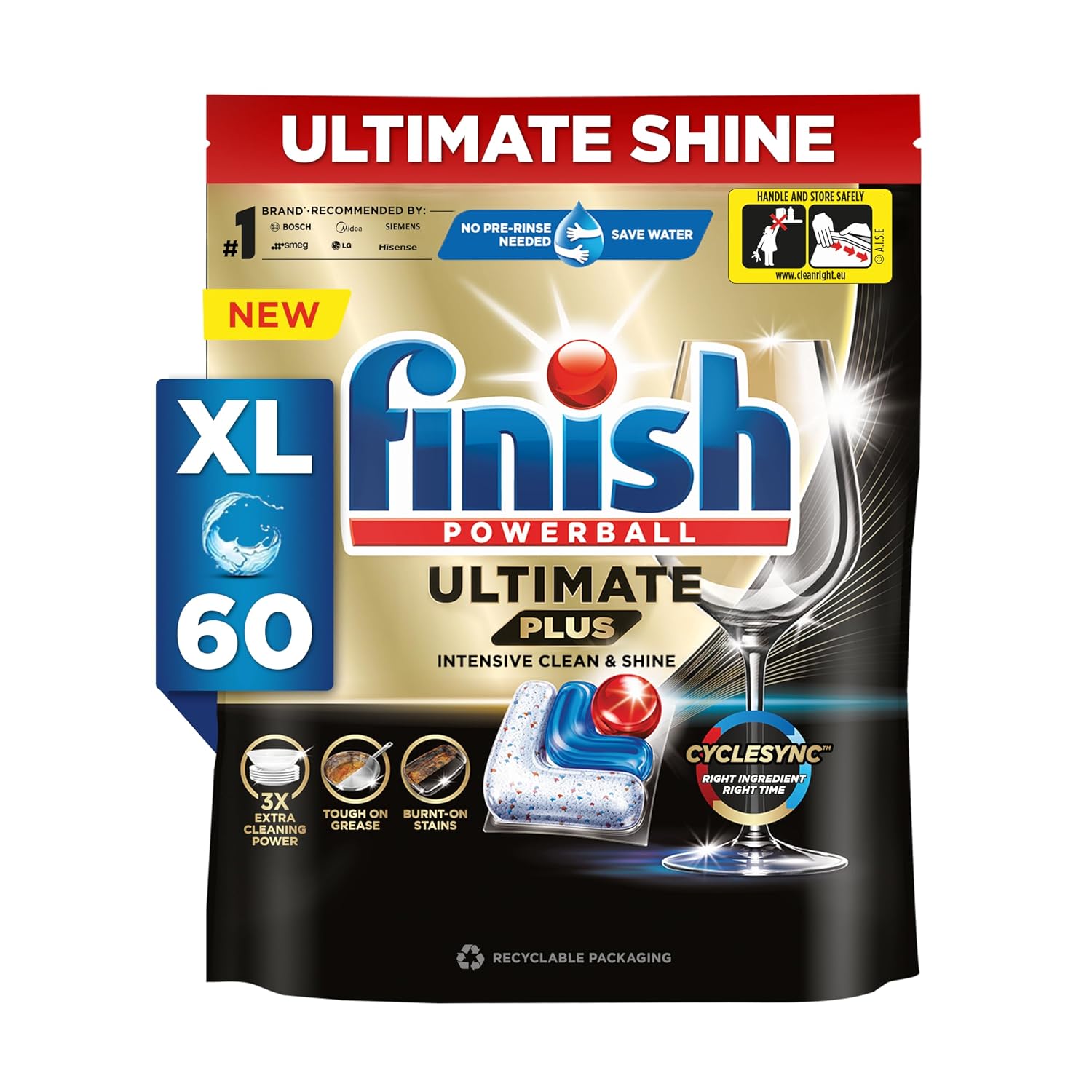 Finish 60 Tablets Powerball Ultimate Plus Dishwasher Tablets | Best ever Clean & Shine | 3X Extra Cleaning Power | Tough on Grease| Burnt-on Stains | World’s #1 Dishwashing Brand