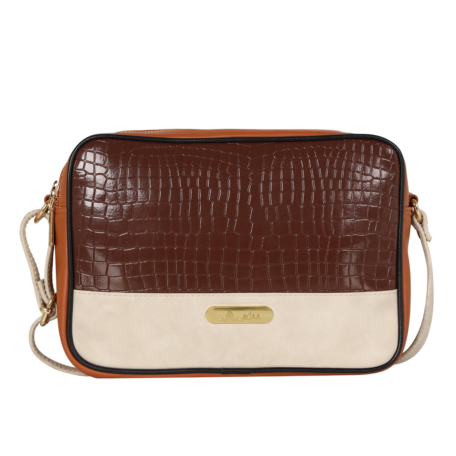 Adaa Structured Messenger Sling Bag with Croc Embossed Texture, Color Block Crossbody Side Bag | Adjustable Shoulder Strap for Travel, Office and Casual Use, Brown Tan Off White