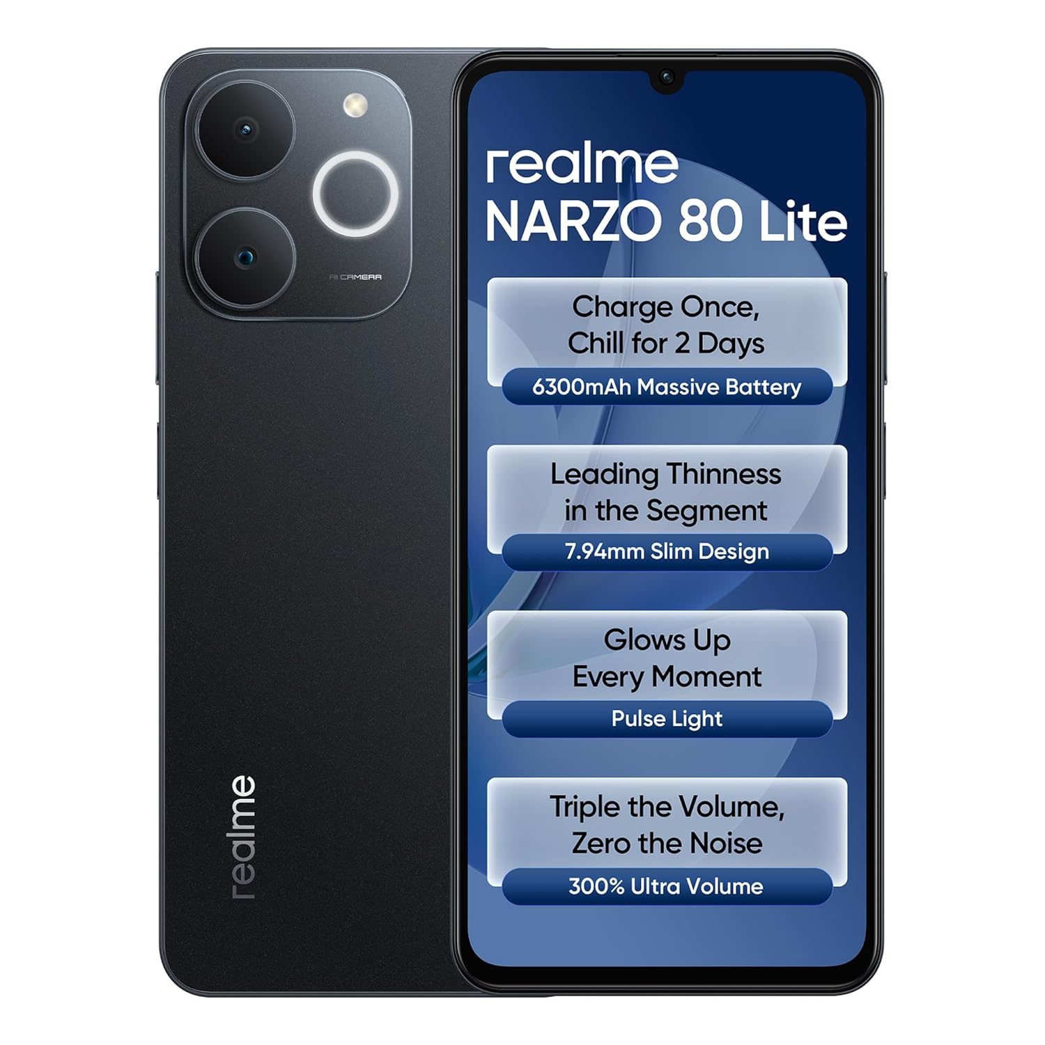 realme NARZO 80 Lite 4G (Obsidian Black 2026, 4GB+64GB) | 6300mAh Segment’s Biggest Battery | 7.94mm Slim Design | 300% Ultra Volume | Pulse Light: 9 Colors, 5 Glow Modes | Ai Assist
