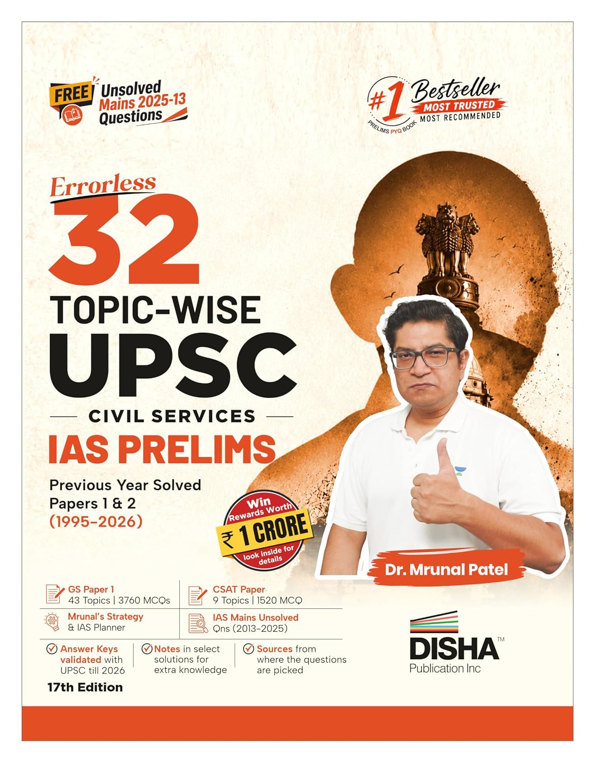 Disha 32 Topic-wise UPSC Civil Services IAS Prelims Previous Year Solved Papers 1 & 2 (1995 – 2026) 17th Edn | FREE Unsolved Mains GS & Essay Qns (2013-25) | General Studies & CSAT PYQs for 2027
