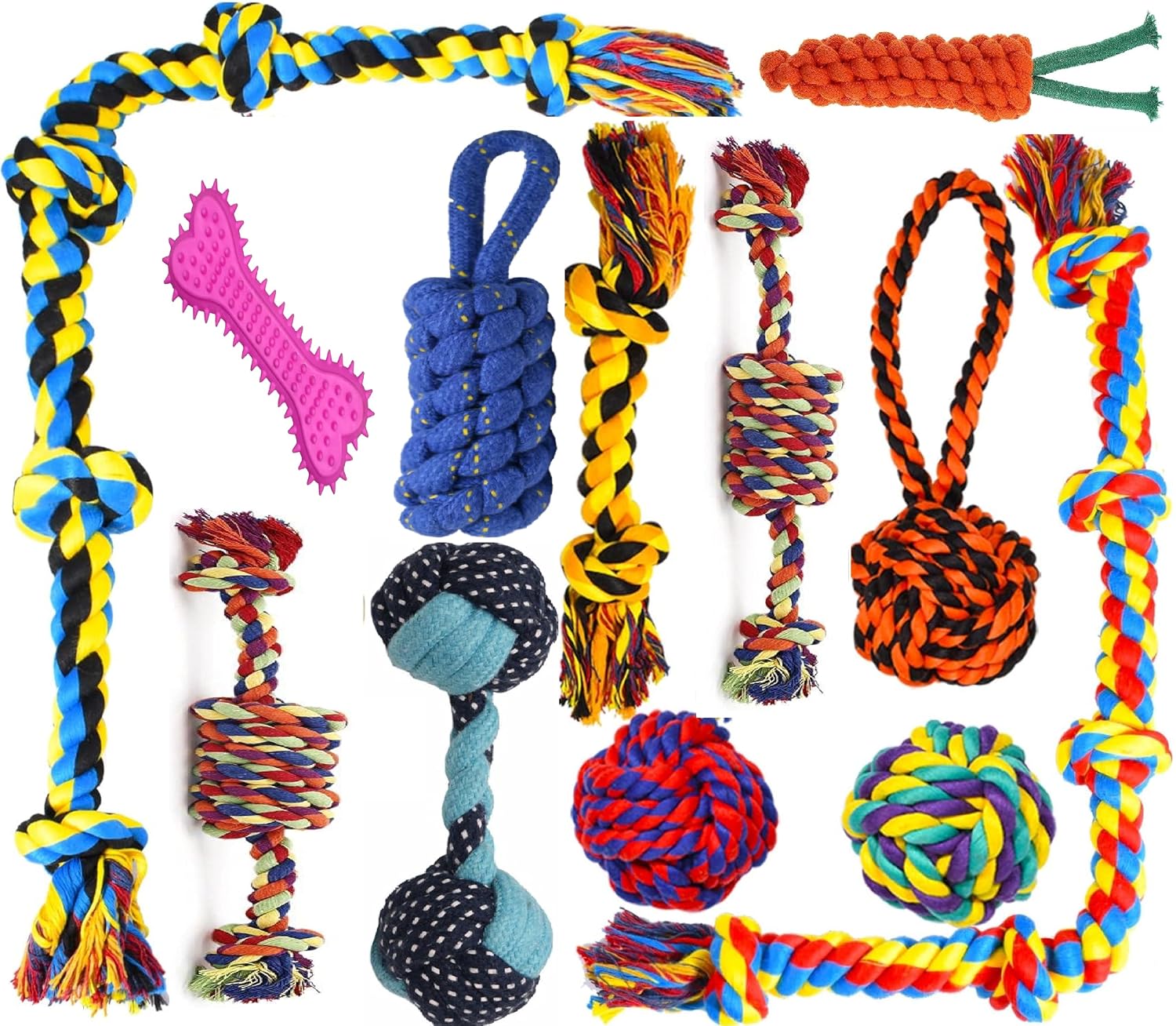 Dog and Puppy Toy Set – Chew, Teething, Rope, and Tug Toys for Small to Medium Dogs – Washable Cotton Pack of 12