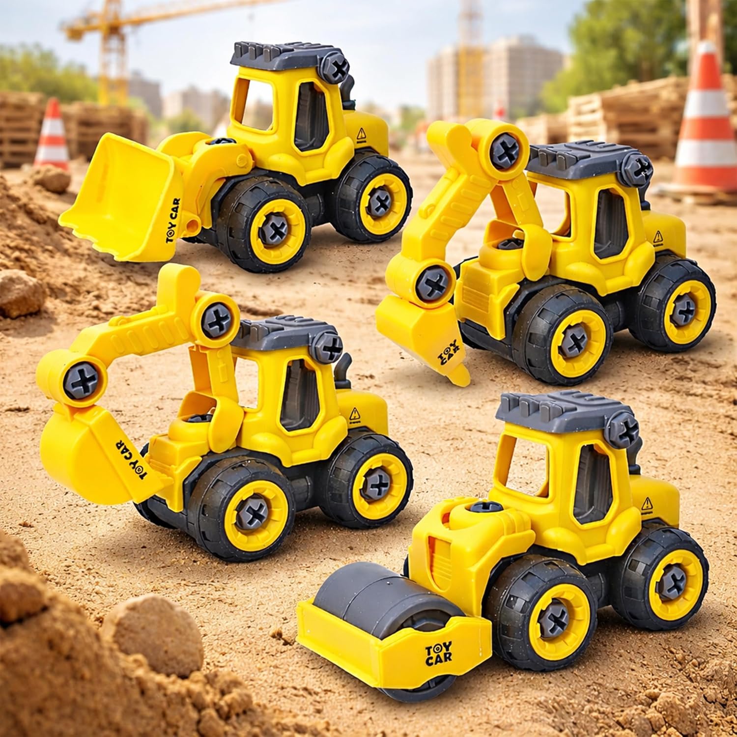 Toyshine Take Apart Toy 4 Pack – DIY Construction Engineering Car Toy Set Kids STEM Sand Toys for Toddlers Age 3-5, Building Sandbox Toys Truck, Birthday Gifts for Boys 2 3 4 5 6 Year Old