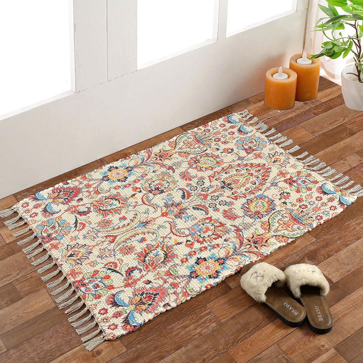 HOMADORN Handmade Sustainable Printed Modern Dhurrie/Rugs/Carpet upcycled from Scrap Fabric for Living Room/Bedside Runner for Enhanced Decor (2×3 feet)
