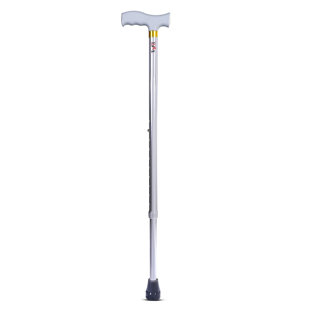 TryFit Aluminium Walking Stick for Adults – Lightweight Adjustable Walking Cane with PVC Grip & Anti-Skid Rubber Tip | 10-Level Height Adjustment | Strong Single-Leg Support Stick (Silver)