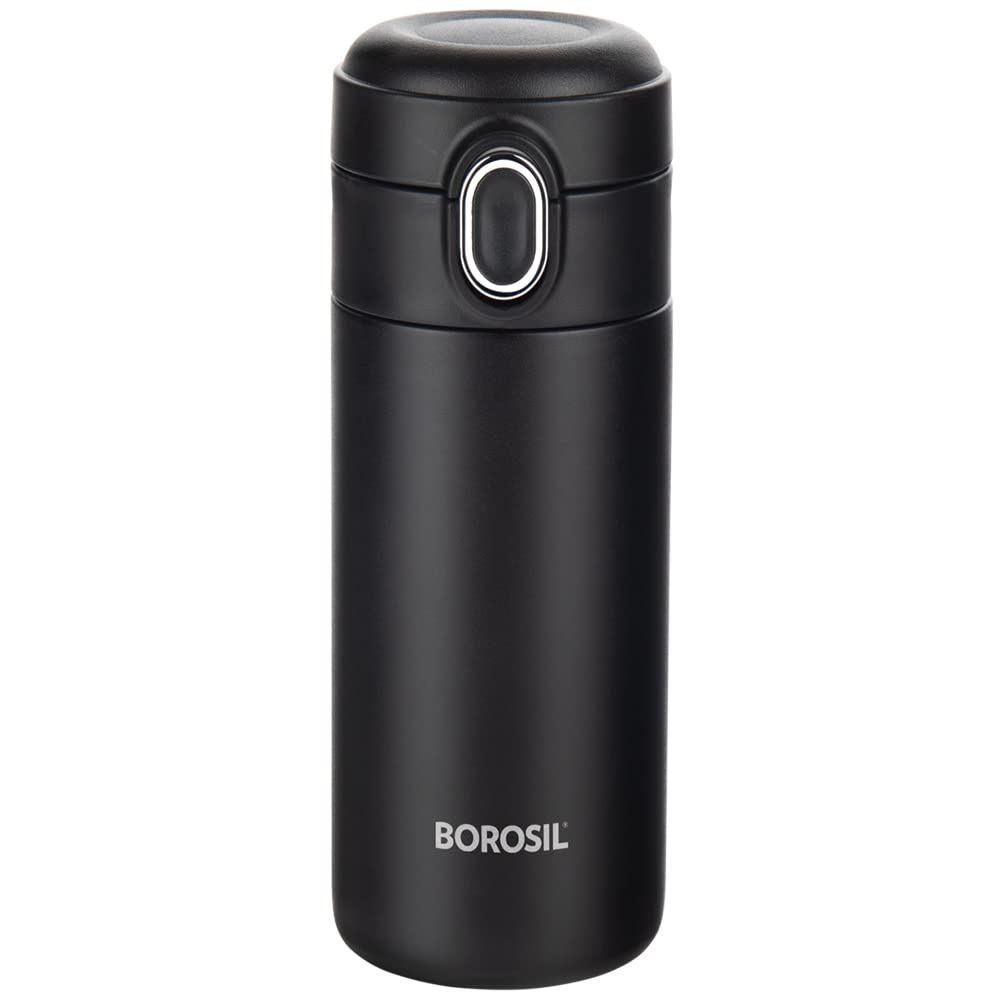 Borosil 300ml Traveller Stainless Steel Water Bottle | Double Wall Vacuum Insulated Flask | 10 Hrs Hot & Cold | Leakproof, BPA Free | Bottle for School, Office, College & Gym | 1 Year Warranty, Black
