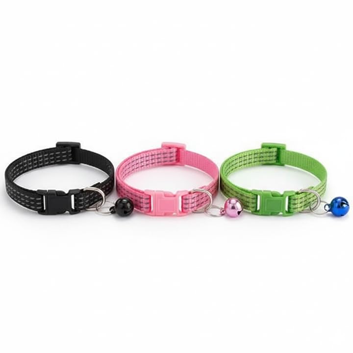 Reflective Nylon PET Collar with Bells | Pet Collar for Cats Small Puppies n Small Dogs Comfort, Style, and A Jingle of Fun – Mixed Colors – (Set of 3)
