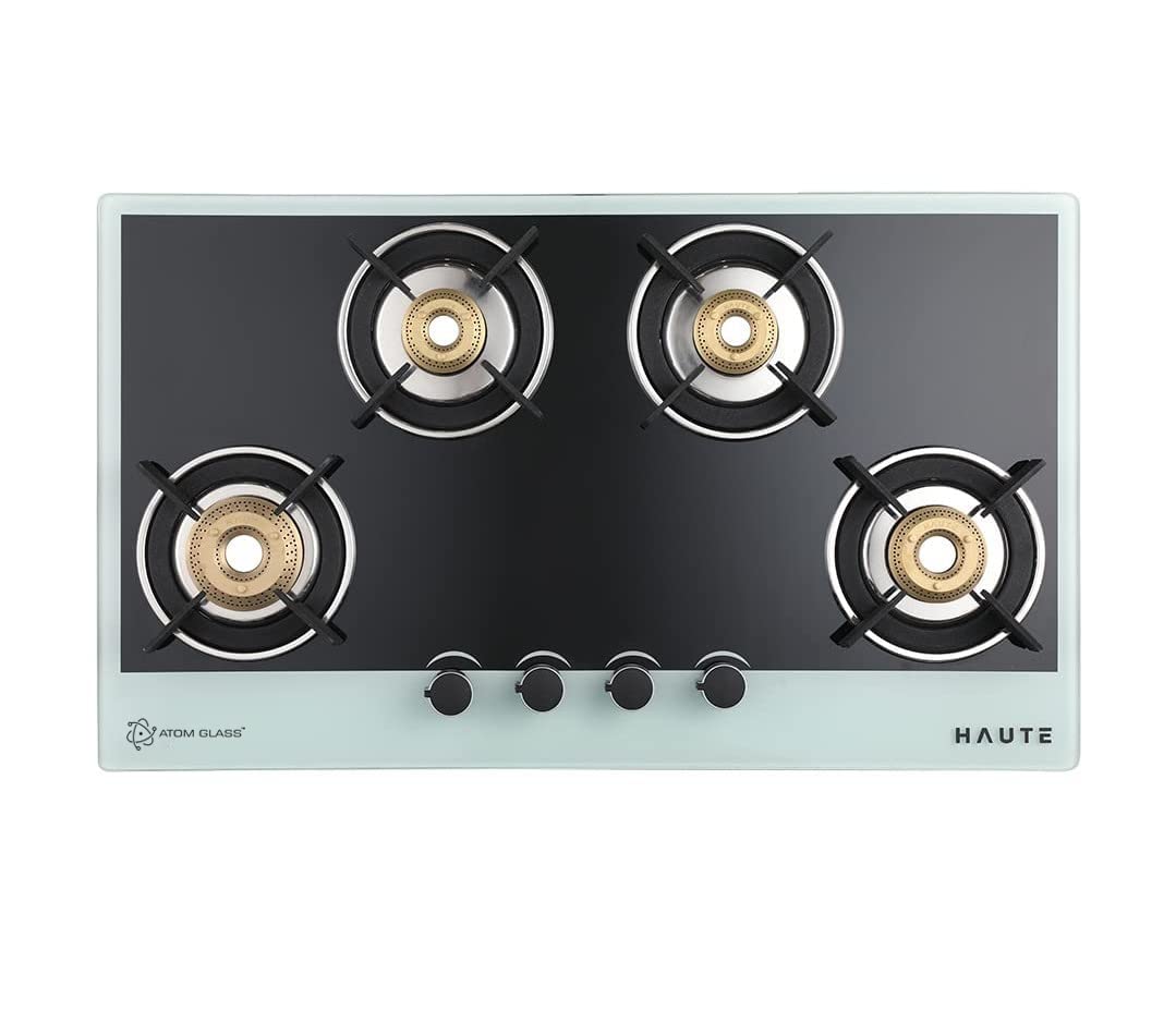 Haute Evoque series 3.0 Black & White 4 Burner Manual Stove | 8 MM Atom Glass | ISI certified |Door Step Service |10 Year Warranty by Haute Home