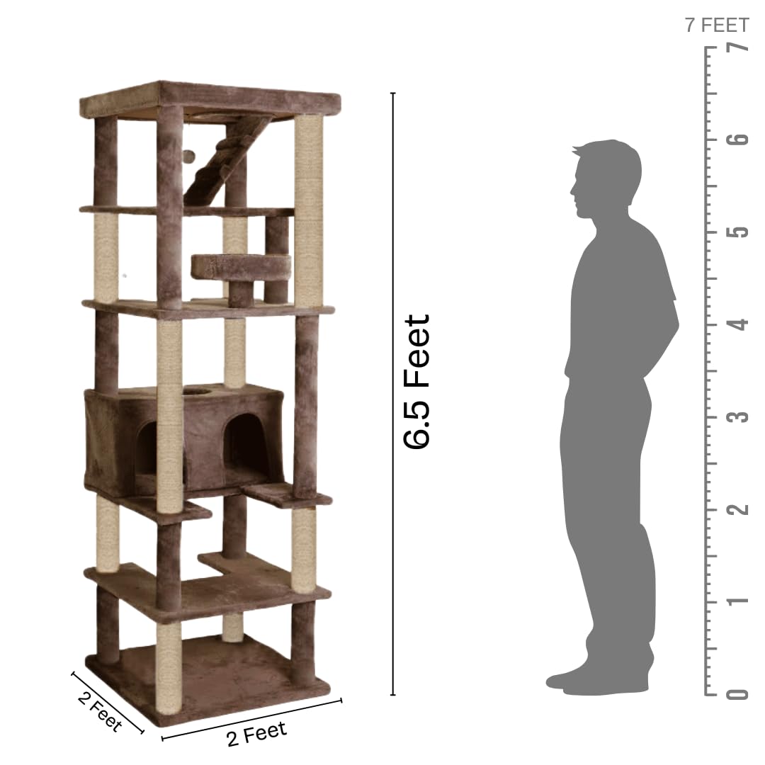 Multilevel Fur Fabric Cat Tree – Ladder | Hanging Ball | Large Condo | Jute Rope Scratching Posts | for Adult Cats & Kittens (Height 75 Inch) (Brown – FURR-93)