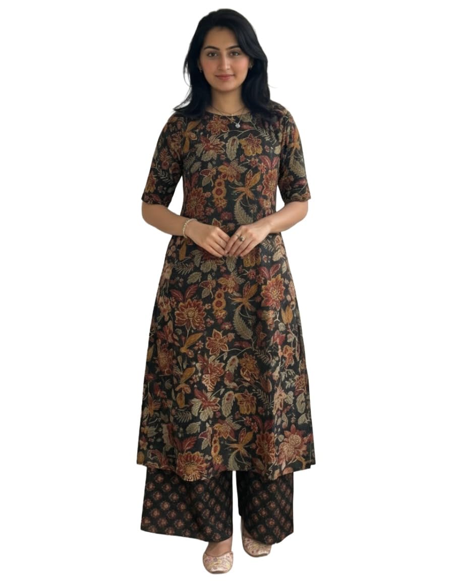 ANNI Designer Women’s Viscose Blend Straight Printed Kurta with Palazzo | Elbow Length Sleeve Kurti Set | Close Neck with Back Slit | Soft Comfortable Fabric | 2 Piece Outfit