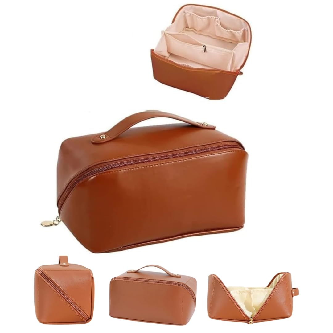 Sprqcart Large Capacity Travel Cosmetic Bag With Handle And Divider – Multifunctional Makeup Bag For Easy Access, Waterproof- (-Brown), 10 Cms Faux Leather