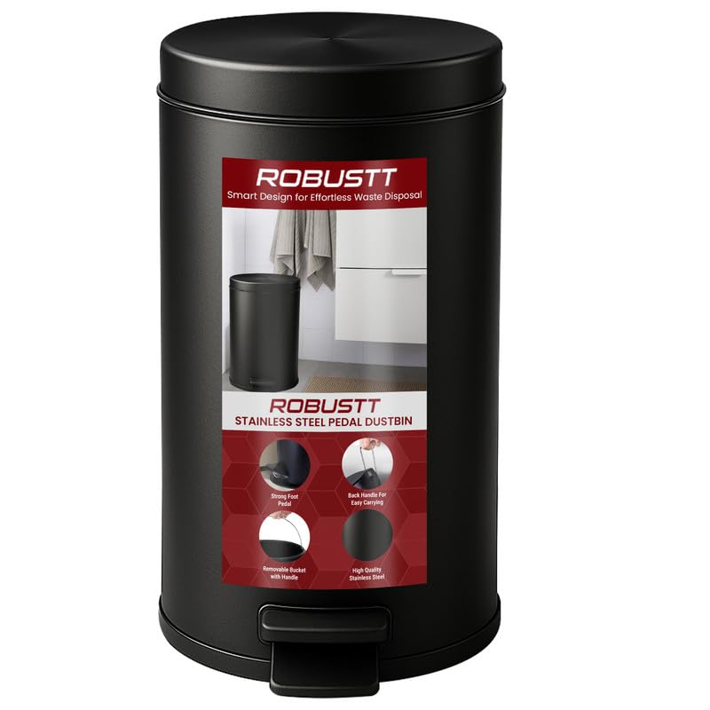 Robustt Dustbin with Pedal – 5L | Black Stainless Steel trash can | 7 Inch (W) x 10 Inch (H) | Small Trash Can for Bathroom, Bedroom, Toilet, and Kitchen � Durable & Corrosion-Resistant – Pack of 1
