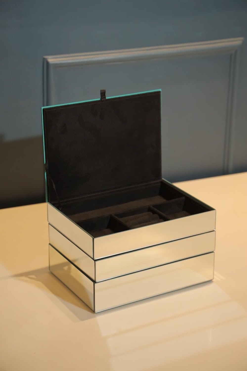 3 Tier Mirror Glass Jewellery Box, Silver Glass Finish| Black Suede Interiors| Ample Storage| 10 x 7.1 x 6.2 inches| Home Decor| Home Accent|for Dressing Table, Vanity, Side Table, or Desk