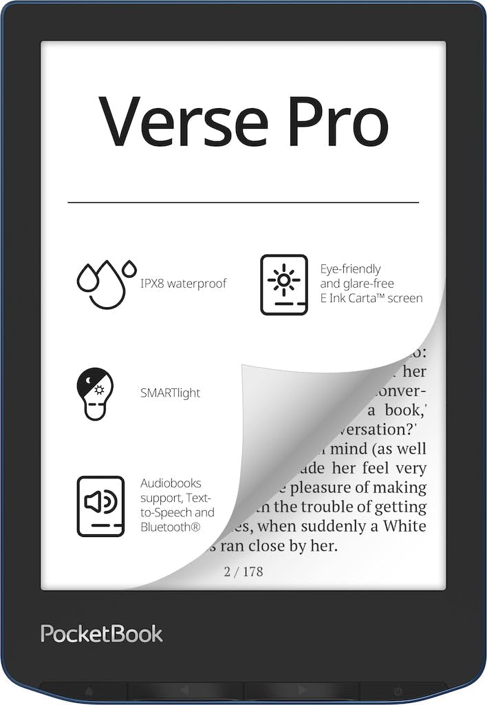 PocketBook Verse Pro E-Reader Waterproof | Eye-Friendly 6” E-Ink Carta™ HD Touchscreen | Audio-Book & E-Book Reader | Text-to-Speech Function | SMARTlight | 16GB | WiFi & Bluetooth | Azure