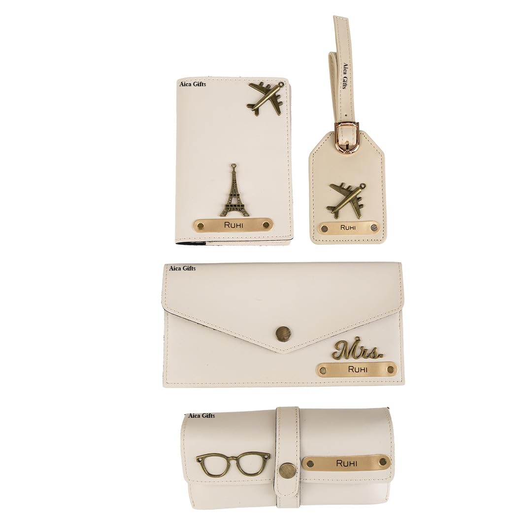 AICA Personalised Name & Charm Womens Leather Combo Gift Set (Cream) | Gifts for Women| Customised Gift Hamper for Woman
