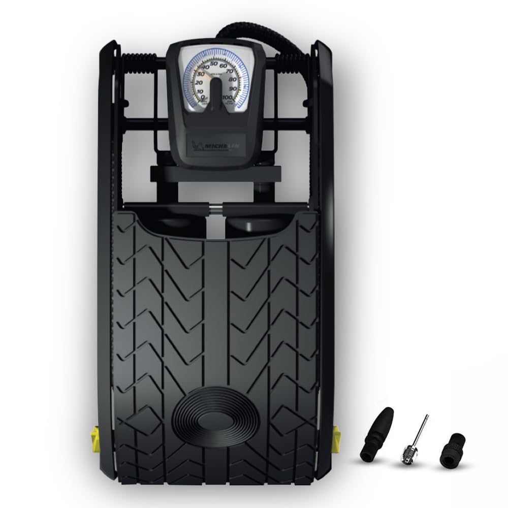 MICHELIN Analogue Double Barrel Foot Pump | High-Efficiency 100 PSI Tyre Inflator with Accurate PSI/BAR Gauge, Locking Ergonomic Tread Plate & Anti-Slip Rubber Feet | Inflator For Cars, Bikes & Cycles